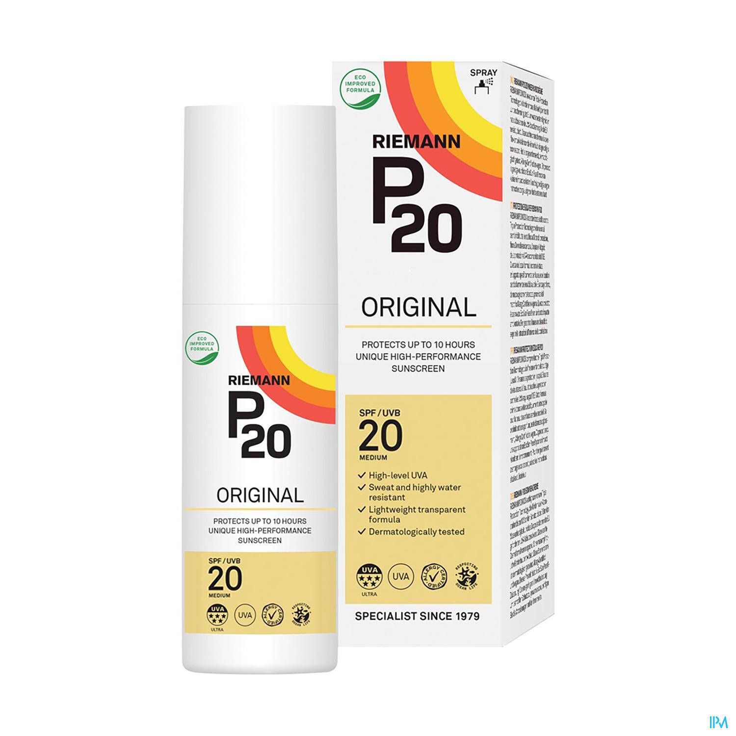 P20 Original Spray Solaire SPF20. Flasche und Verpackung. Logo, Text und gelbes Etikett.