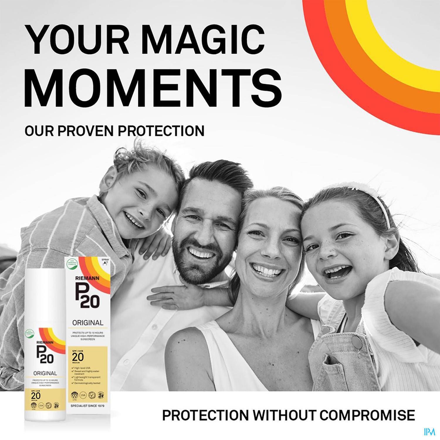 Familie mit P20 Original Spray Solaire SPF20. Produkt und Text auf dem Bild.