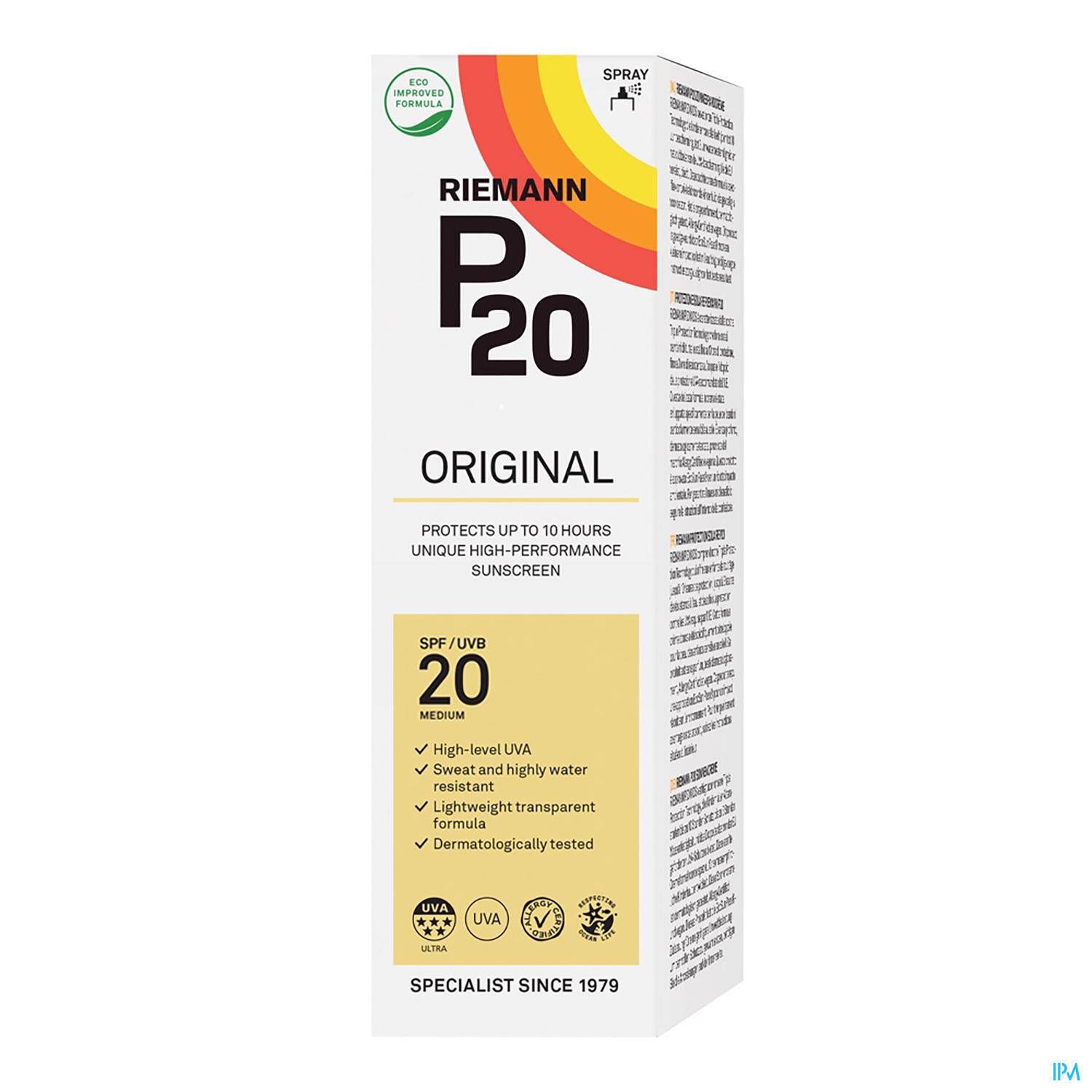 P20 Original Spray Solaire SPF20. Verpackung mit Logo, Text und gelbem Etikett.