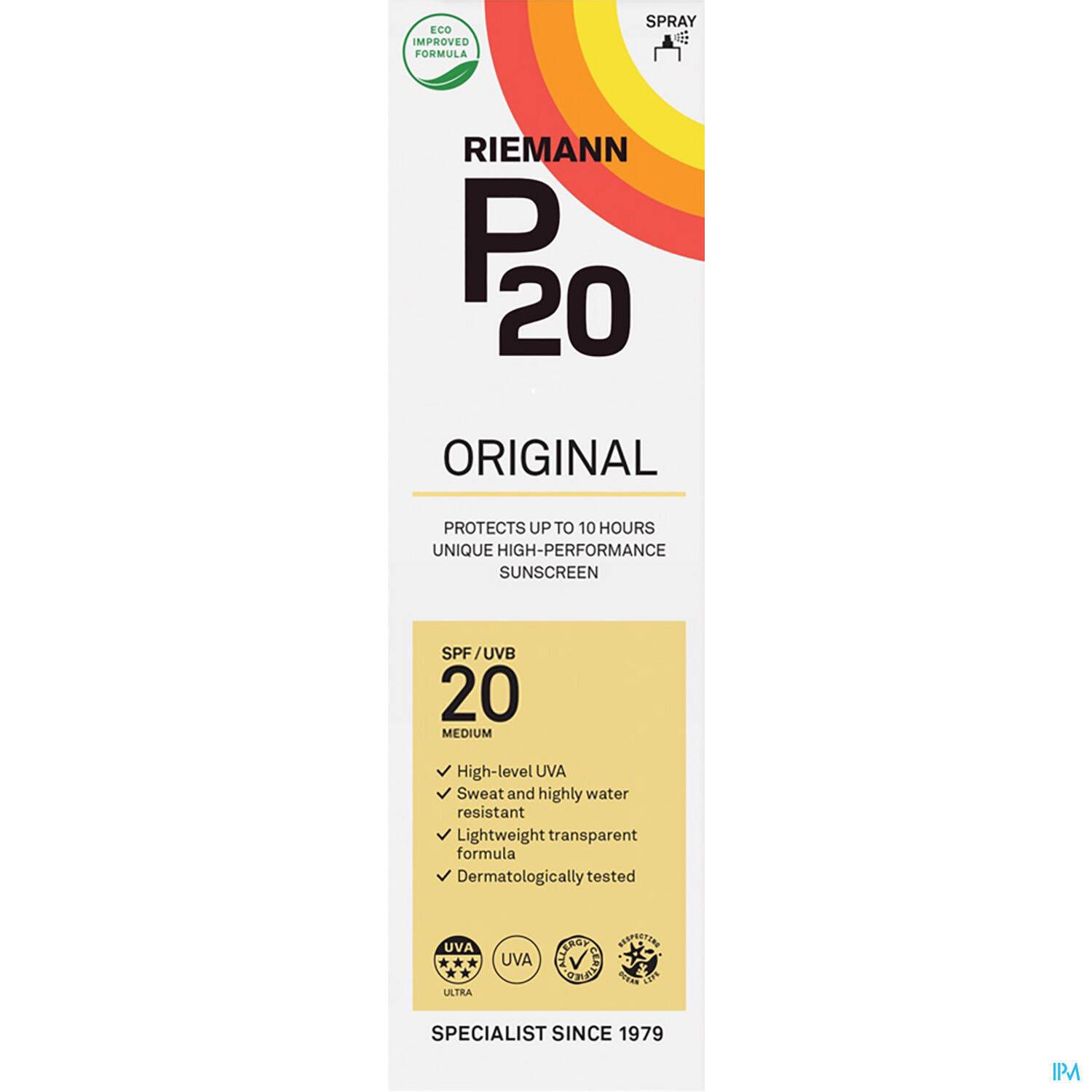 P20 Original Spray Solaire SPF20. Verpackung mit Logo, Text und gelbem Etikett.