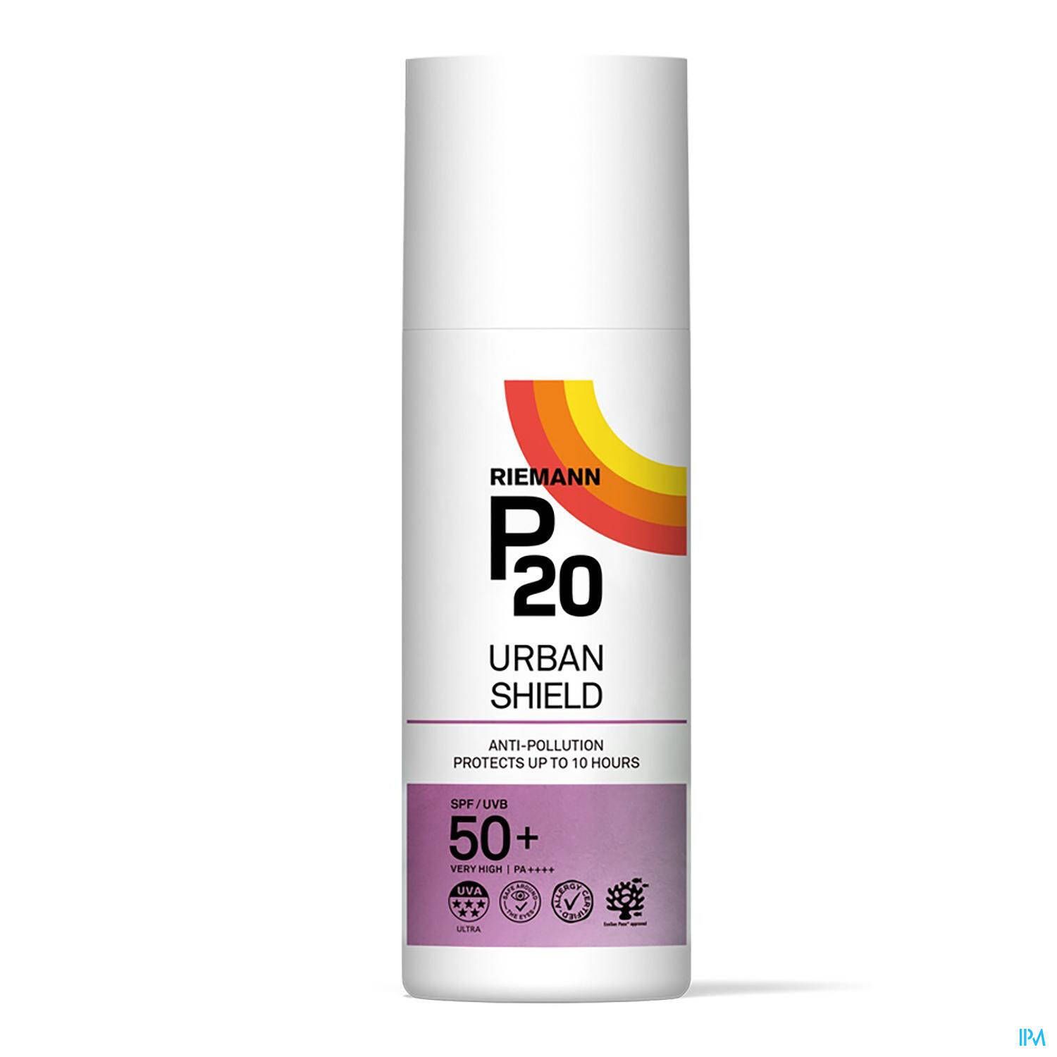 Flacon blanc P20 Urban Shield SPF50+. Logo et texte noir et orange. Zone violette avec informations SPF.