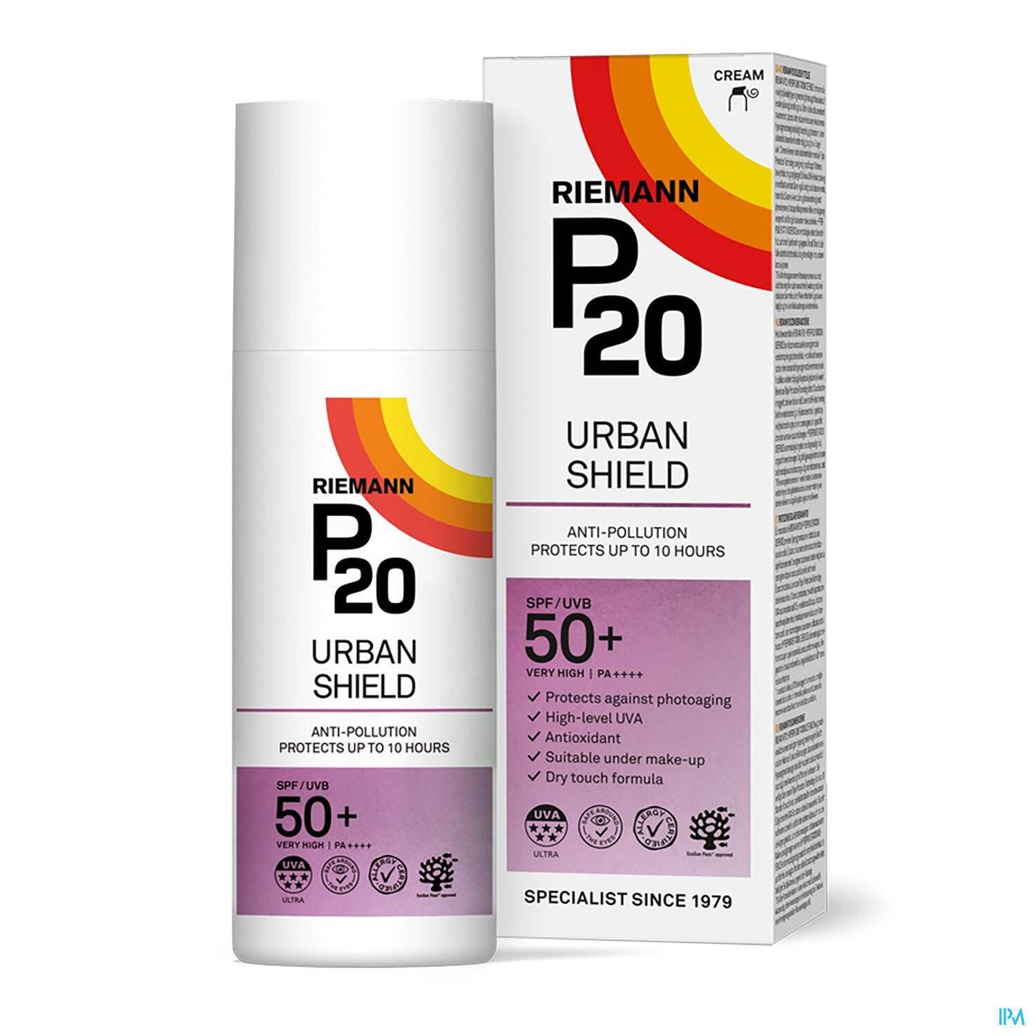 Flacon et emballage P20 Urban Shield SPF50+. Blanc, avec logo, texte et informations SPF. Boîte avec caractéristiques.