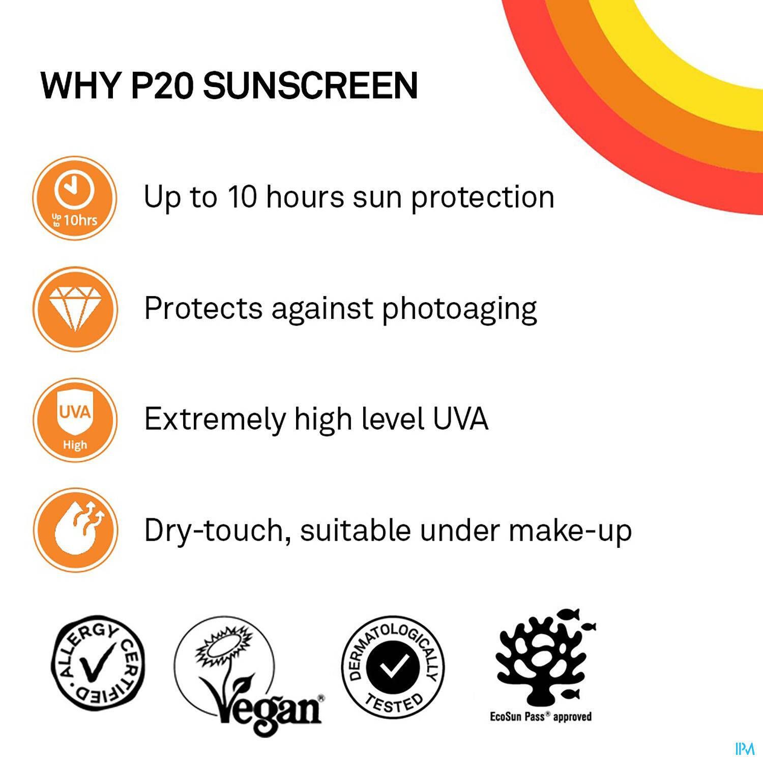 Infographie : Avantages de la protection solaire P20. Symboles et texte sur la protection contre le photo-vieillissement, UVA, etc. Label Vegan.