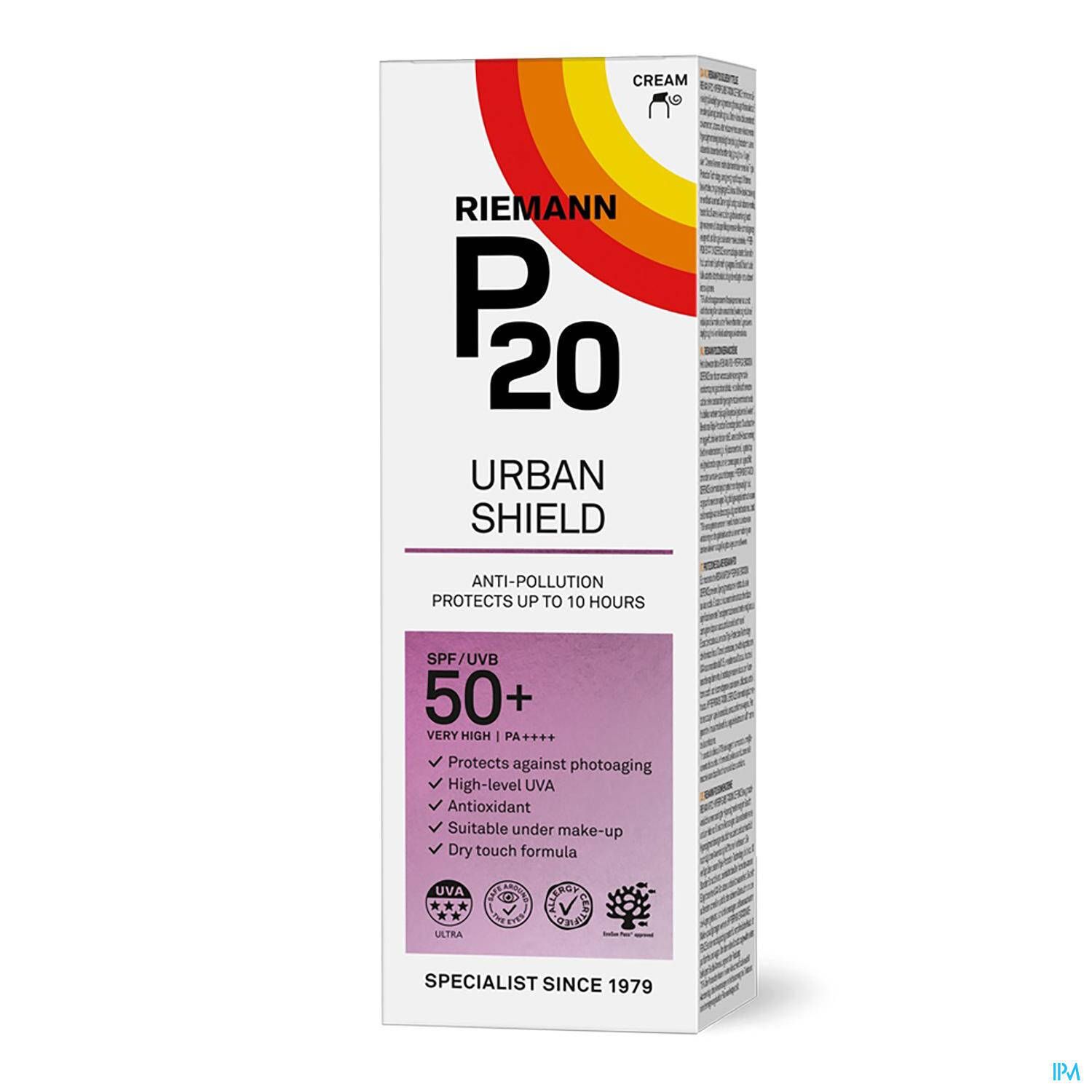 Emballage P20 Urban Shield SPF50+. Blanc, avec logo, texte et informations SPF. Caractéristiques du produit sur la boîte.