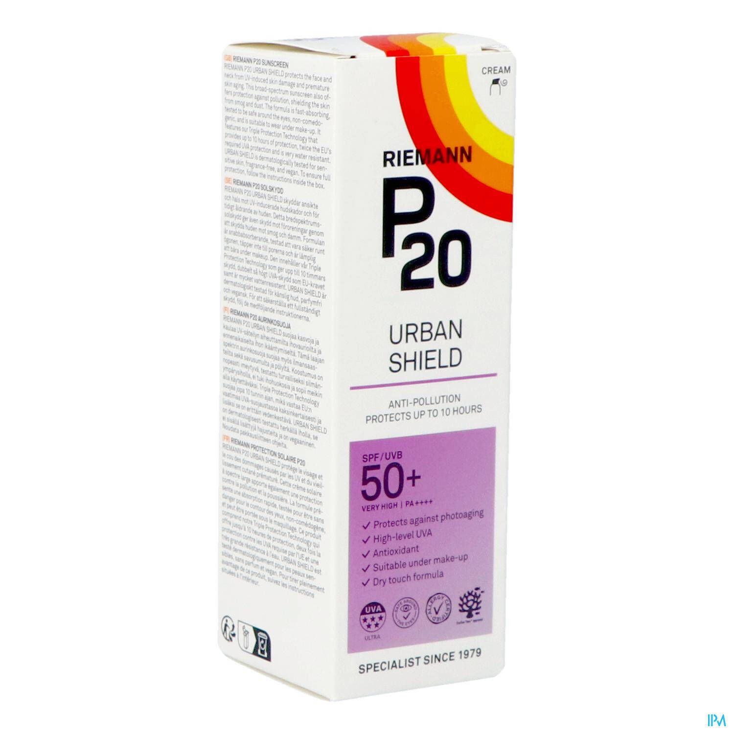 Emballage P20 Urban Shield SPF50+. Blanc, avec logo, texte et informations SPF. Caractéristiques du produit sur la boîte.