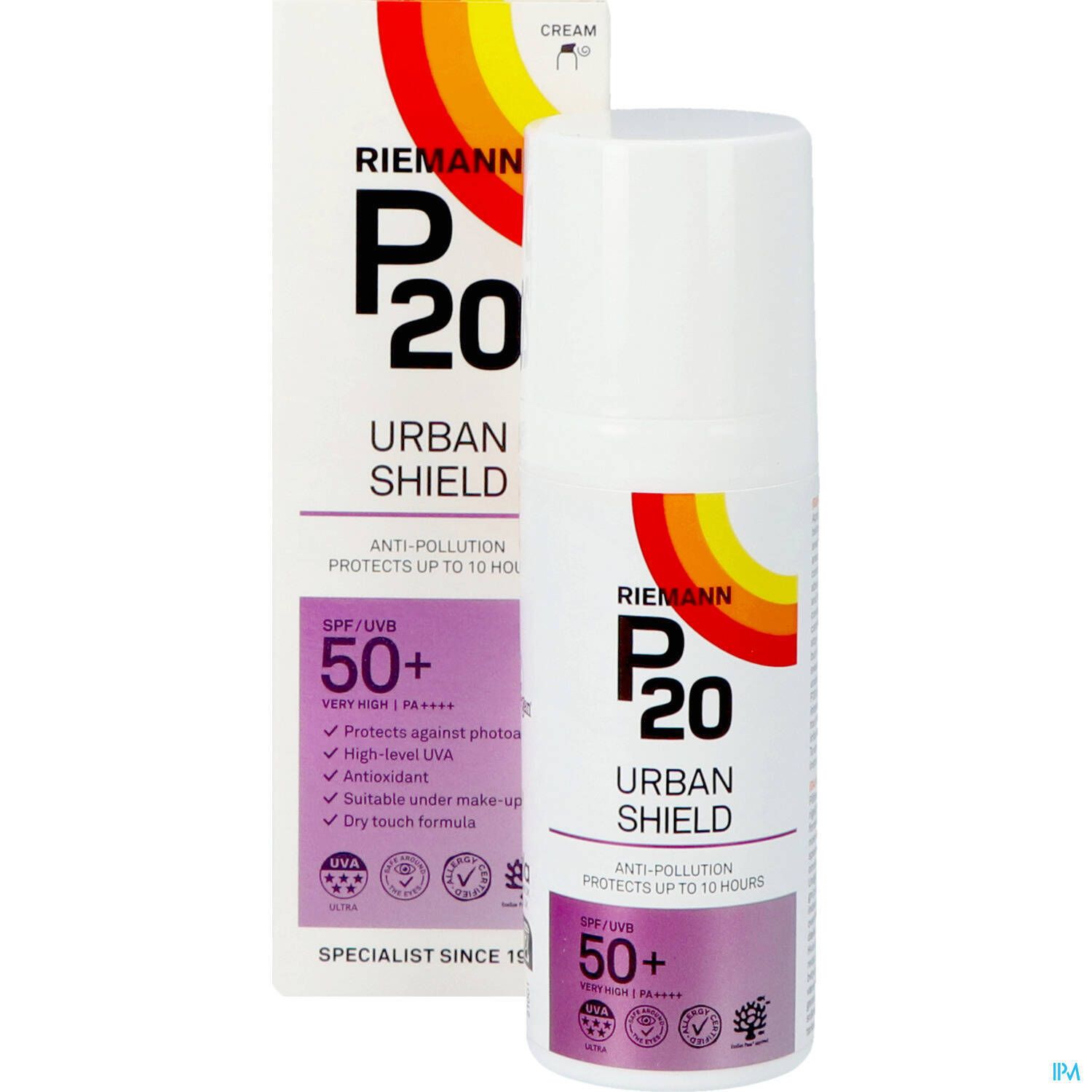 Flacon et emballage P20 Urban Shield SPF50+. Blanc, avec logo, texte et informations SPF. Caractéristiques du produit.