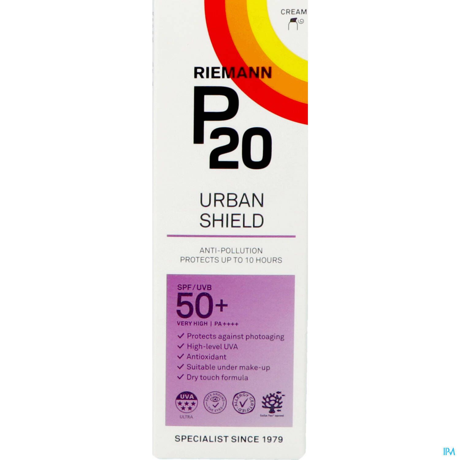 Emballage P20 Urban Shield SPF50+. Blanc, avec logo, texte et informations SPF. Caractéristiques du produit sur la boîte.
