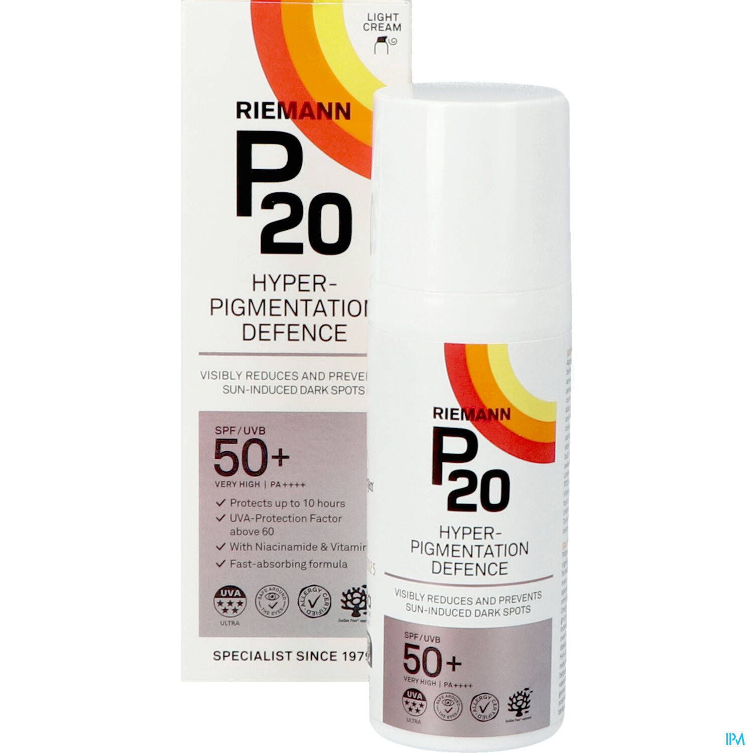 P20 Hyperpigmentation Defence Crème Solaire SPF50+ und Verpackung. Weiß, bedruckt. Sonnenschutz.