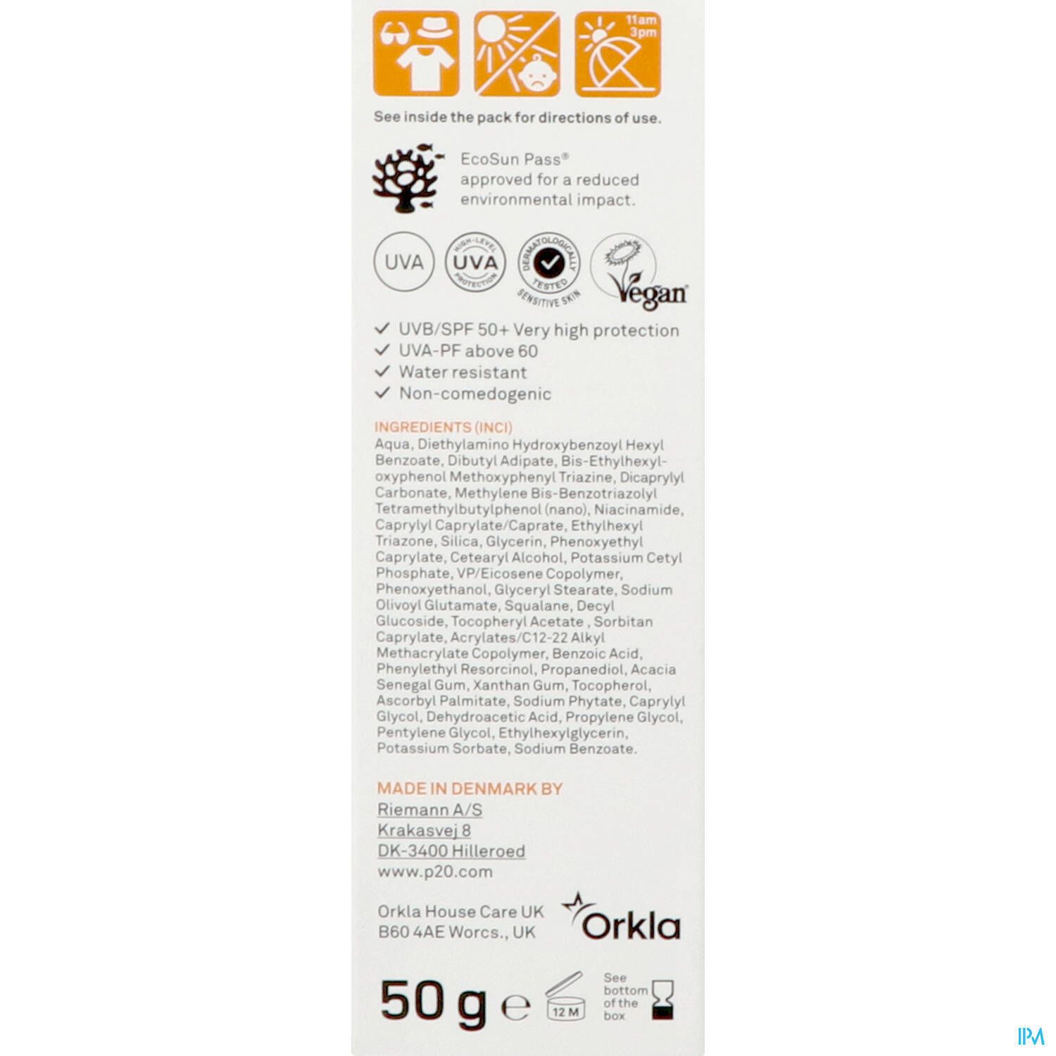 Rückseite der P20 Hyperpigmentation Defence Crème Solaire SPF50+ Verpackung. Text und Logos.