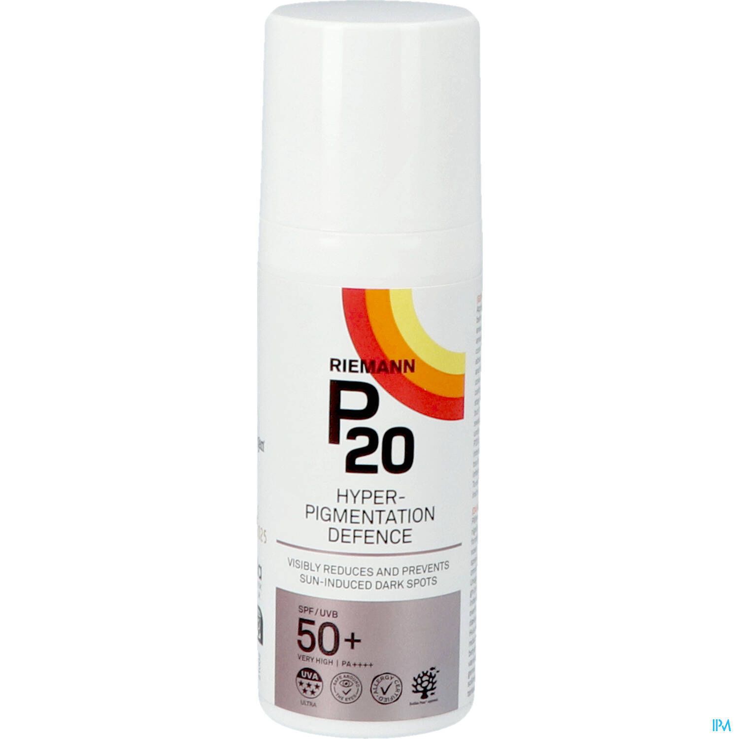 P20 Hyperpigmentation Defence Crème Solaire SPF50+ Flasche. Weiß, mit Aufdruck. Sonnenschutzmittel.