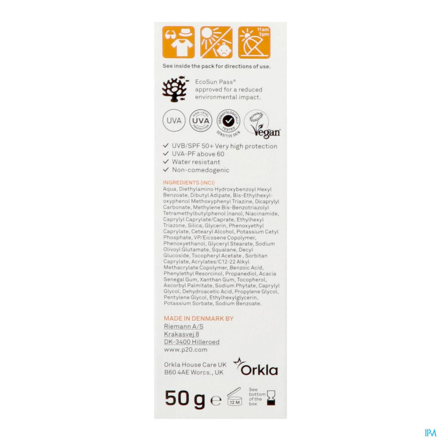 Rückseite der P20 Hyperpigmentation Defence Crème Solaire SPF50+ Verpackung. Text und Logos.