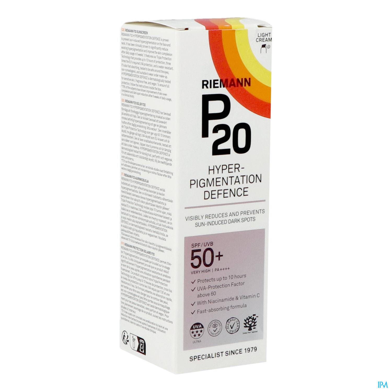P20 Hyperpigmentation Defence Crème Solaire SPF50+ und Verpackung. Weiß, bedruckt. Sonnenschutz.