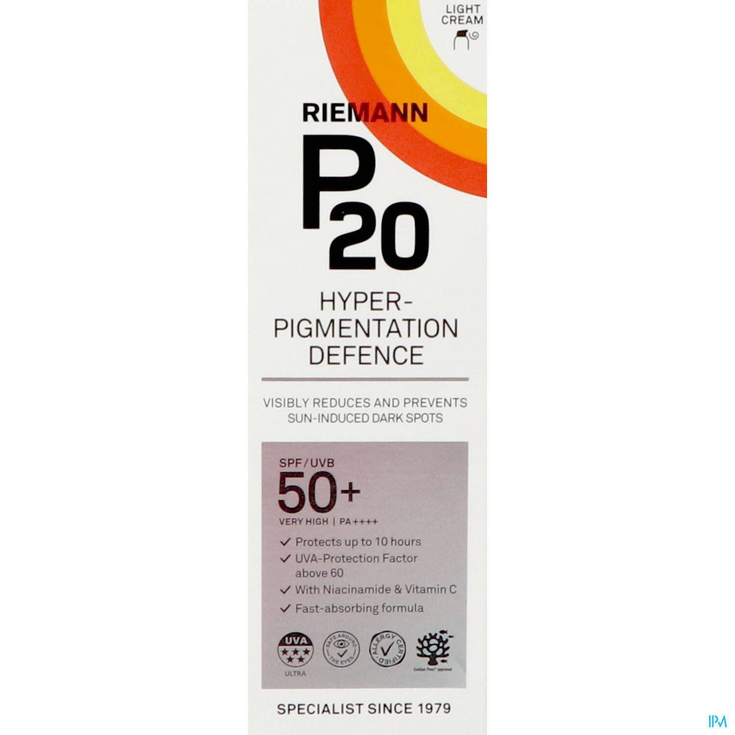 P20 Hyperpigmentation Defence Crème Solaire SPF50+ Verpackung. Weiß, bedruckt. Sonnenschutzmittel.