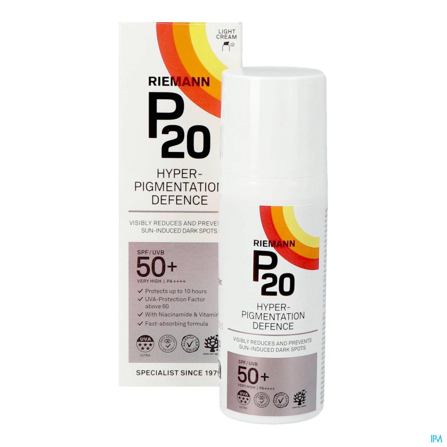 P20 Hyperpigmentation Defence Crème Solaire SPF50+ und Verpackung. Weiß, bedruckt. Sonnenschutz.
