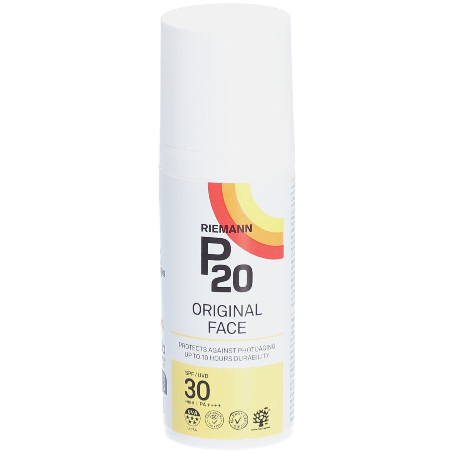 Flacon blanc P20 Original Face. SPF 30. Logo jaune-rouge. Protège du photovieillissement. Vegan.