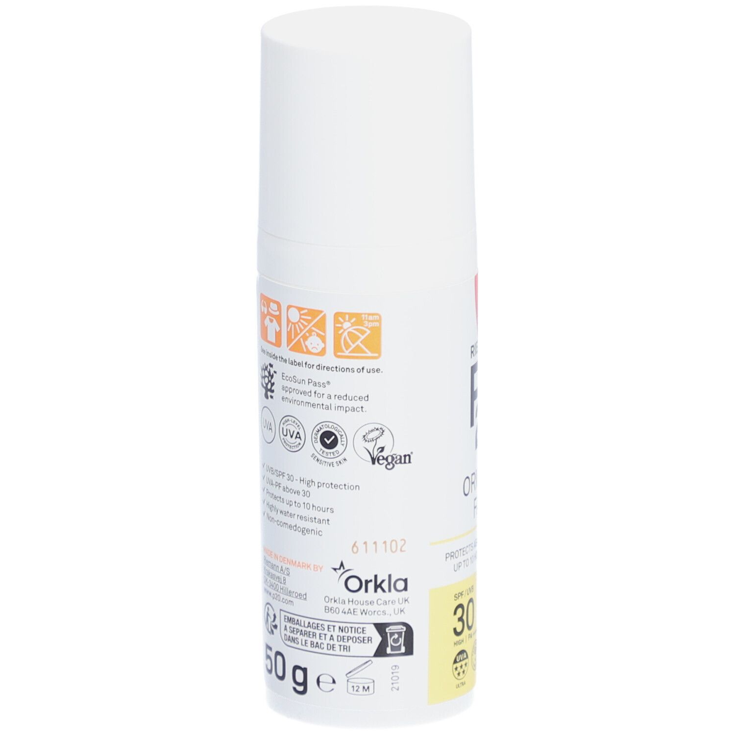 Flacon blanc P20 Original Face. SPF 30. Dos avec texte et symboles. Label Vegan.