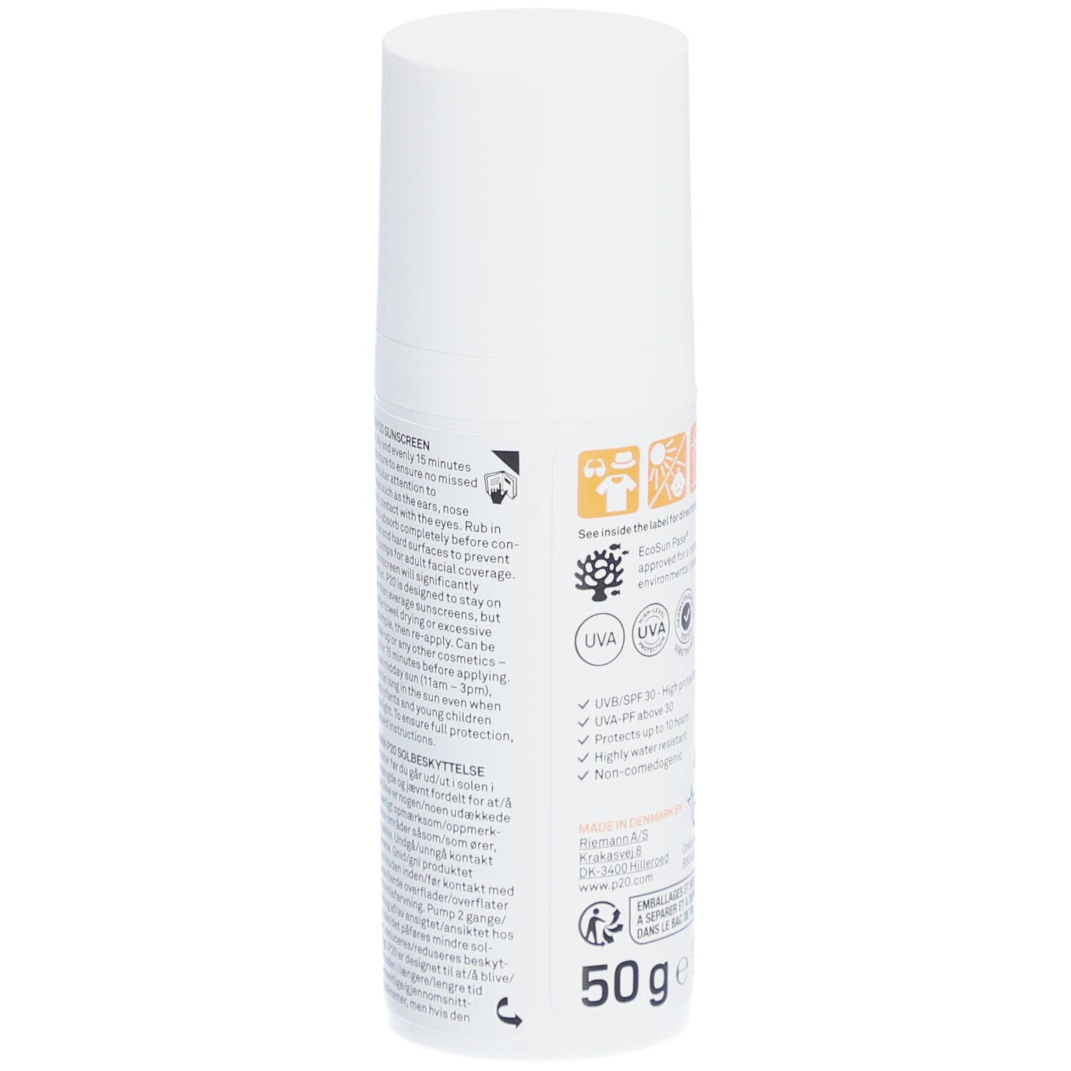 Flacon blanc P20 Original Face. SPF 30. Dos avec texte et symboles. Label Vegan.