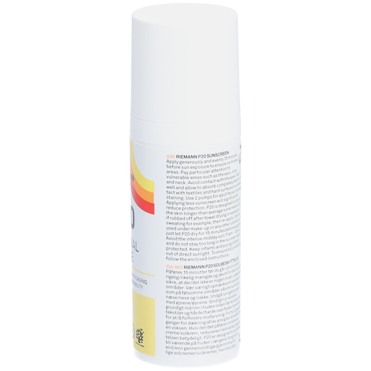 Flacon blanc P20 Original Face. SPF 30. Dos avec texte et symboles. Label Vegan.
