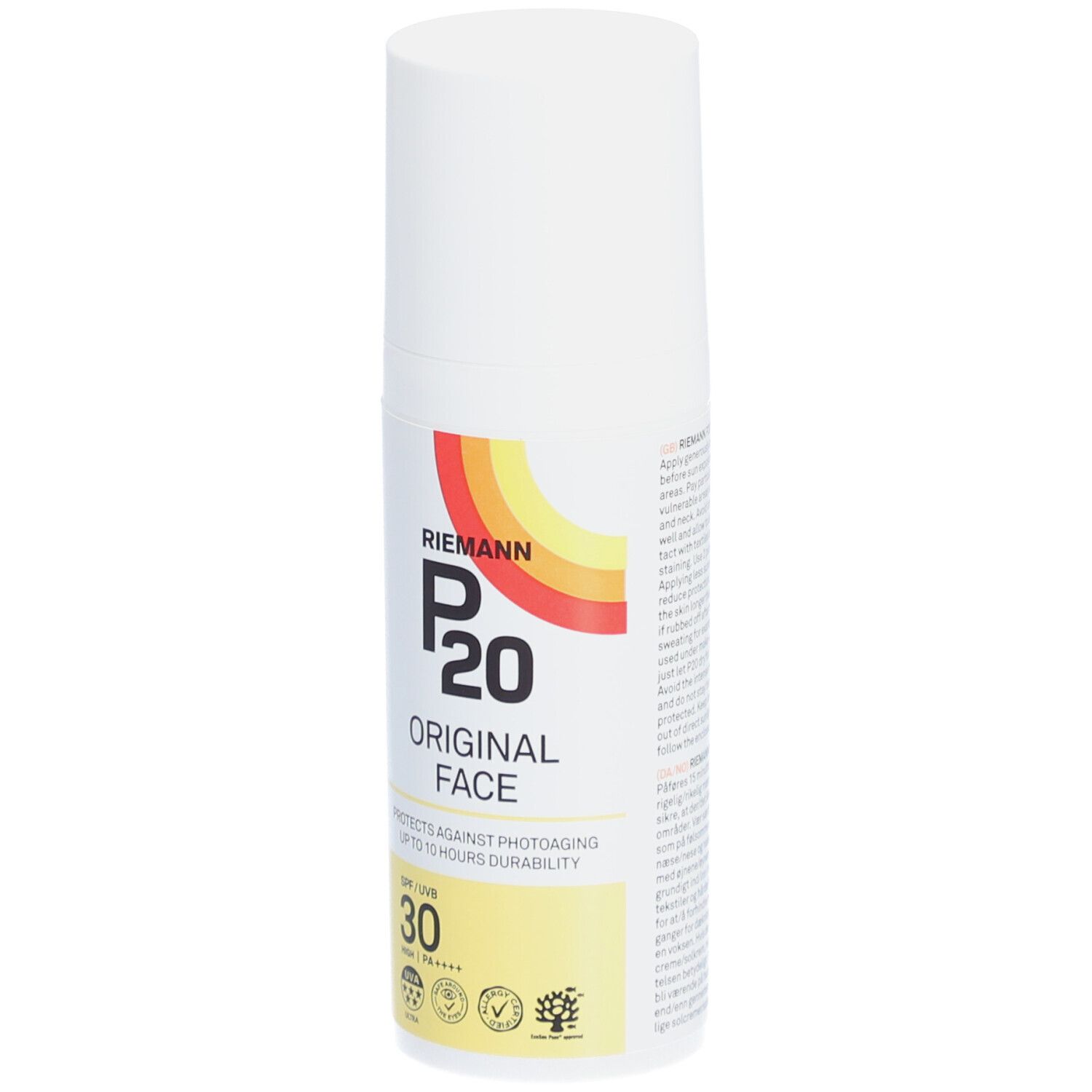 Flacon blanc P20 Original Face. SPF 30. Logo jaune-rouge. Protège du photovieillissement. Vegan.