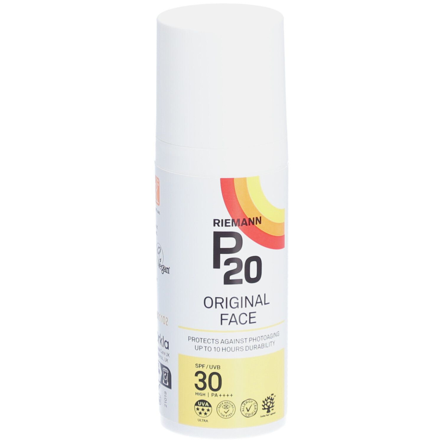 Flacon blanc P20 Original Face. SPF 30. Logo jaune-rouge. Protège du photovieillissement. Vegan.