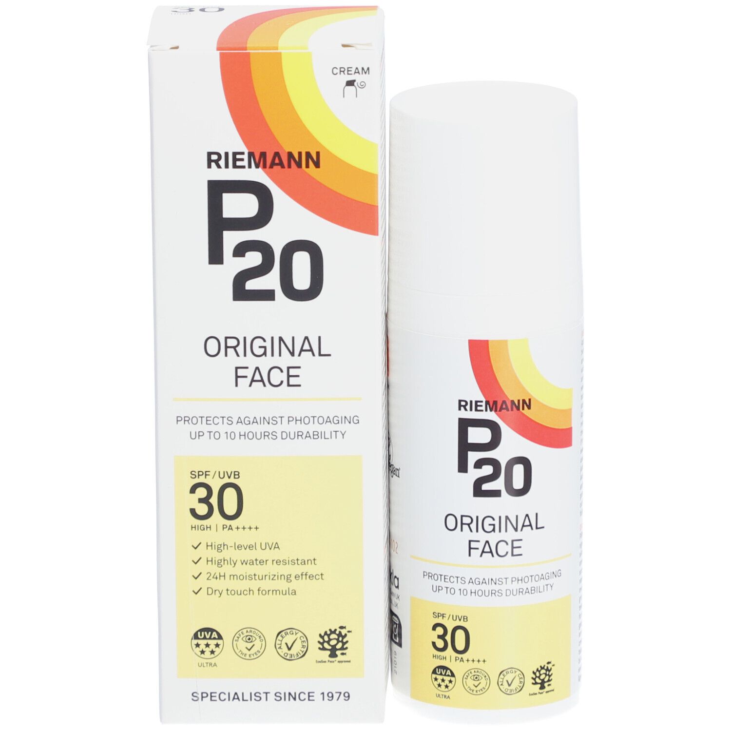 Flacon et emballage P20 Original Face SPF 30. Blanc, logo jaune-rouge. Protège du photovieillissement. Vegan.