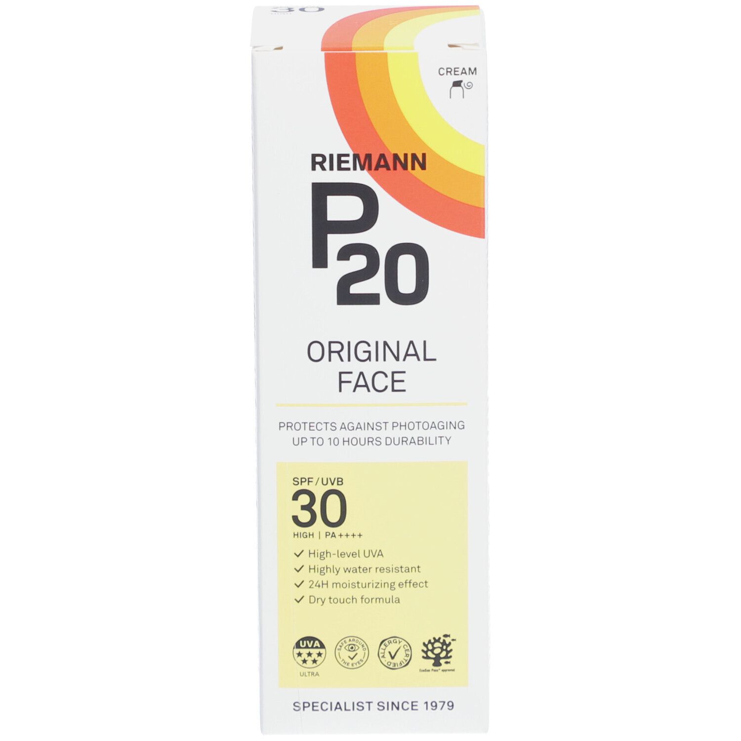 Emballage P20 Original Face SPF 30. Blanc, logo jaune-rouge. Protège du photovieillissement. Vegan.