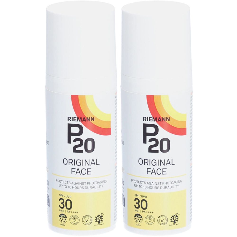 Deux flacons blancs P20 Original Face. SPF 30. Logo jaune-rouge. Protège du photovieillissement. Vegan.
