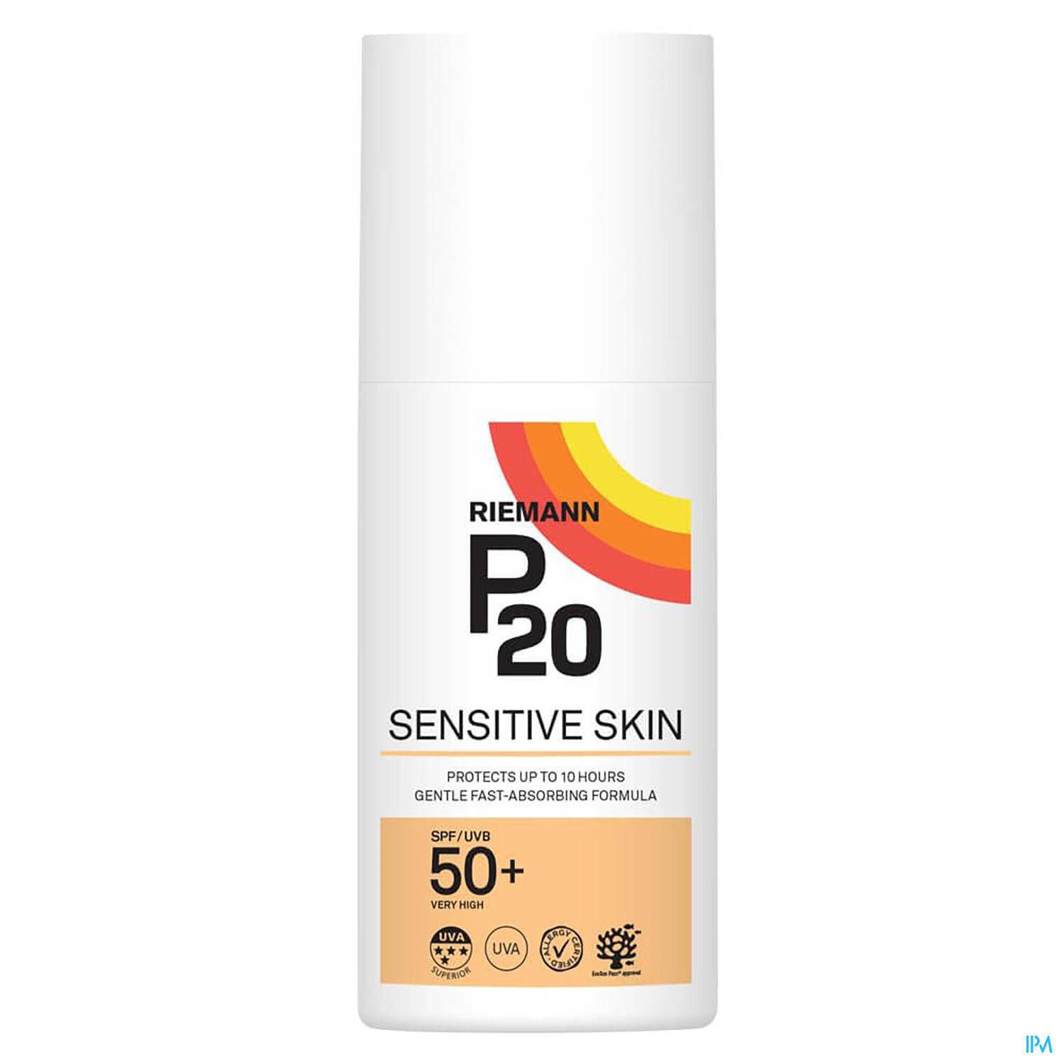 Flacon de P20 Sensitive Skin Crème Solaire SPF50+. Blanc, avec logo coloré et informations produit.