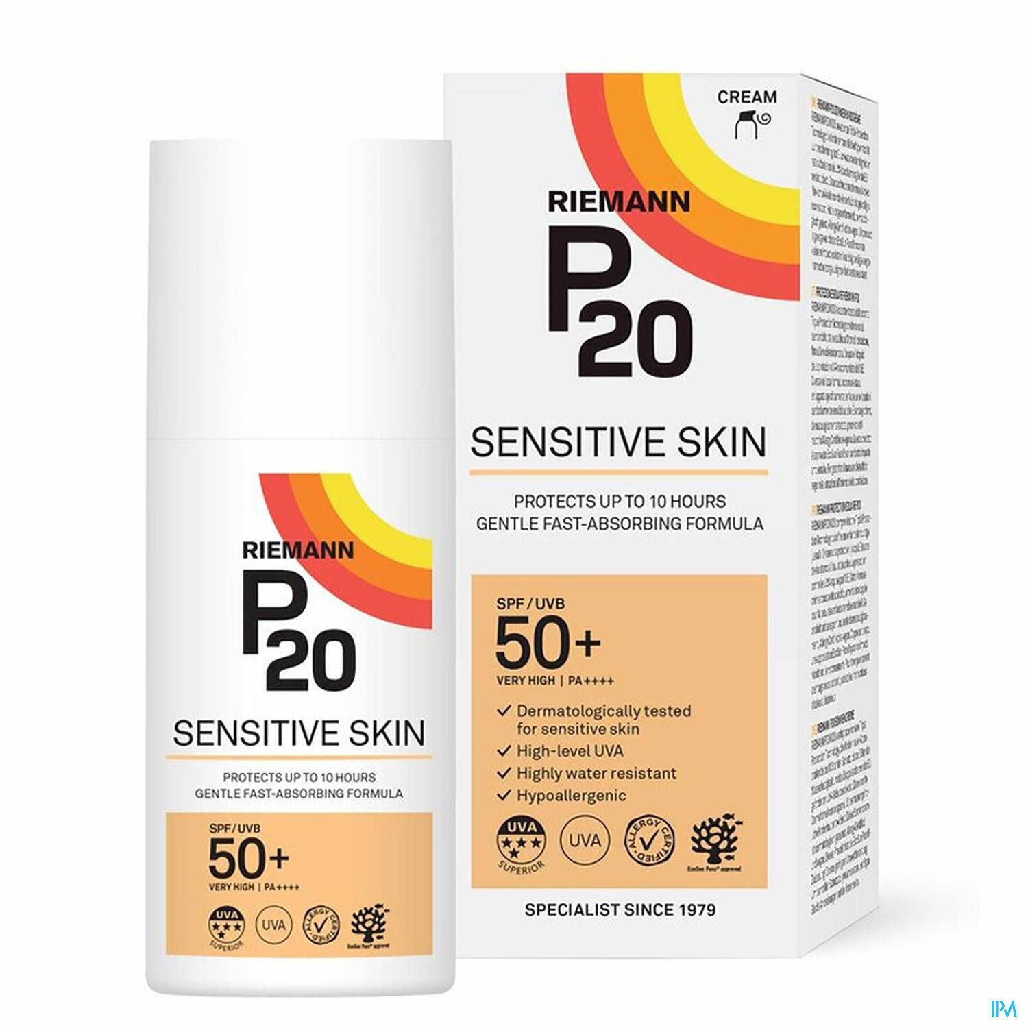 Flacon et emballage de P20 Sensitive Skin Crème Solaire SPF50+. Blanc, avec logo et infos.