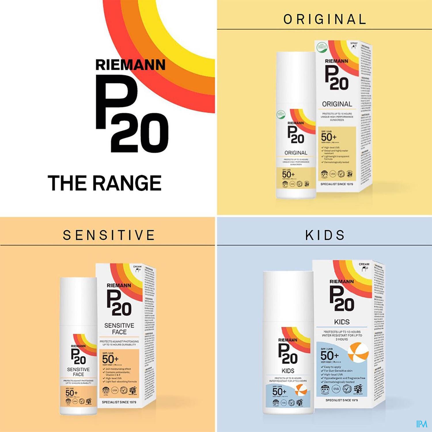Différents produits P20 Sensitive Skin Crème Solaire SPF50+. Flacons et emballages.