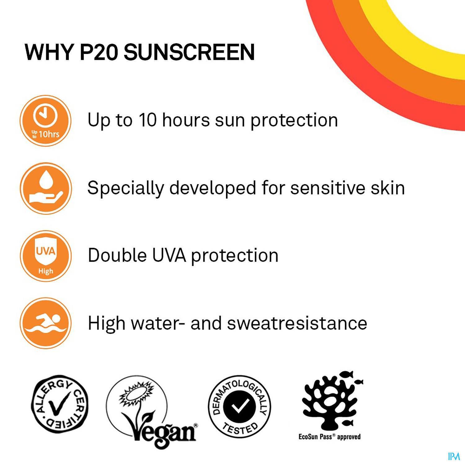 Infographie des avantages de P20 : protection, peau sensible, résistance à l'eau.