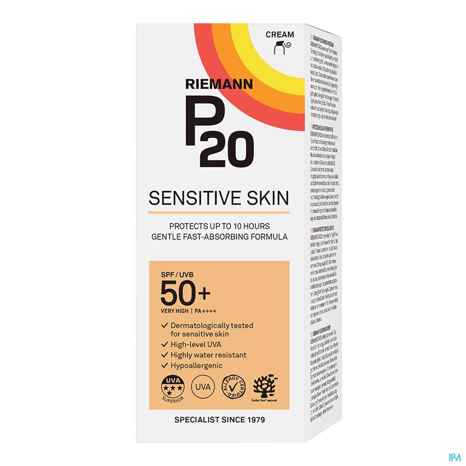 Emballage de P20 Sensitive Skin Crème Solaire SPF50+. Blanc, avec logo et infos.