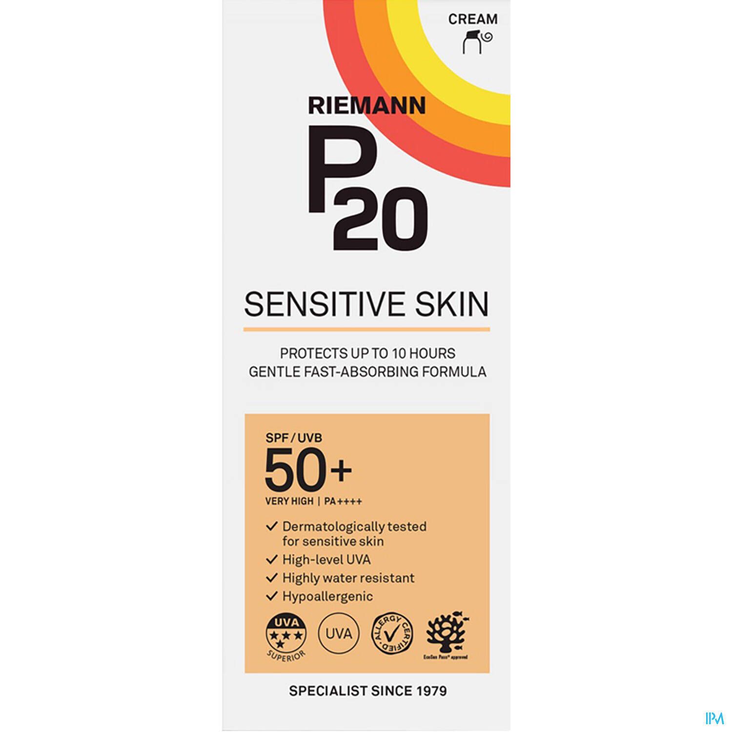 Emballage de P20 Sensitive Skin Crème Solaire SPF50+. Blanc, avec logo et infos.