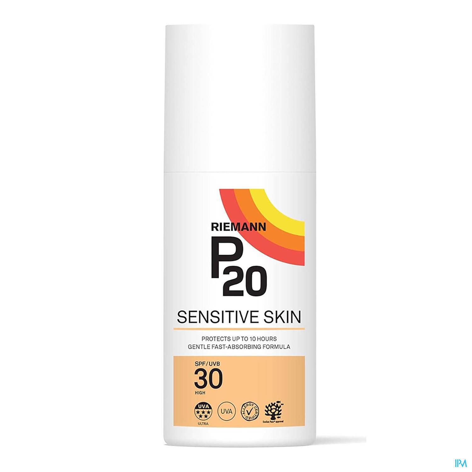 Flacon blanc P20 Sensitive Skin SPF30. Logo arc-en-ciel. Texte : Protège jusqu'à 10 heures. Formule à absorption rapide.