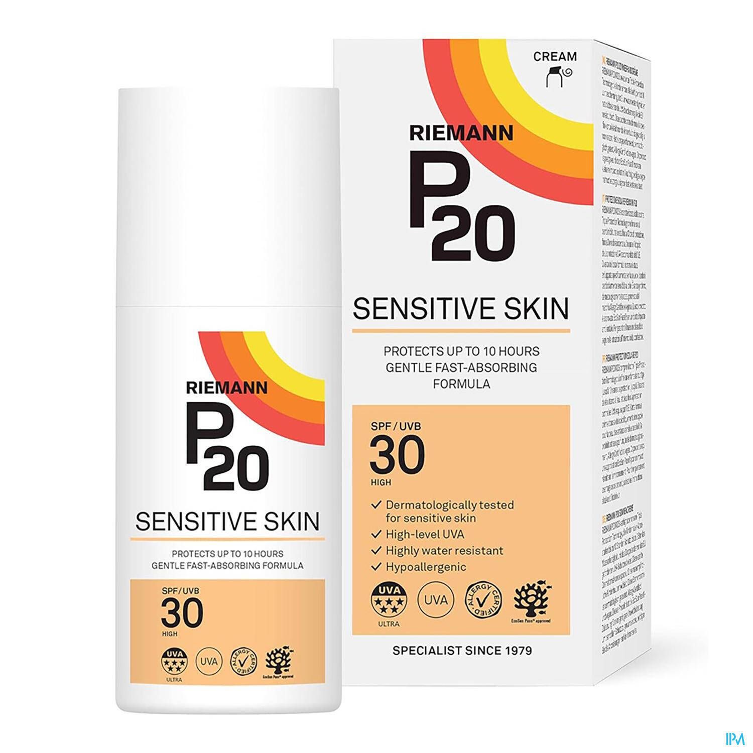 Flacon et emballage P20 Sensitive Skin SPF30. Texte : Protège jusqu'à 10 heures. Testé dermatologiquement.