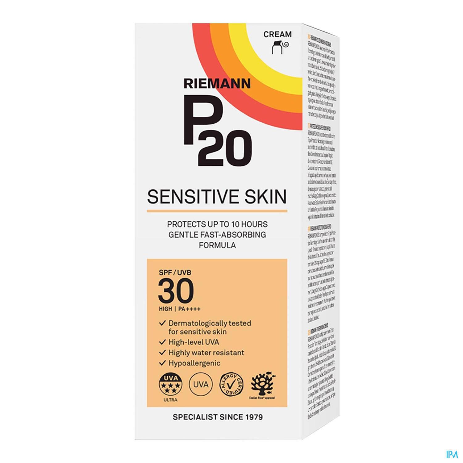 Emballage P20 Sensitive Skin SPF30. Texte : Protège jusqu'à 10 heures. Testé dermatologiquement, hypoallergénique.