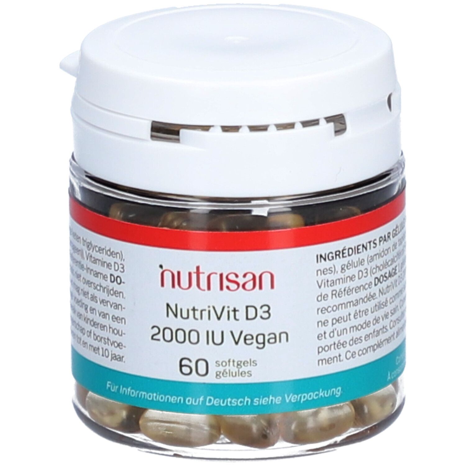 Flacon en verre transparent avec couvercle blanc. Bandes rouge et bleu avec texte. Contient des gélules molles jaunâtres. Inscription: NutriVit D3 2000 IU Vegan.