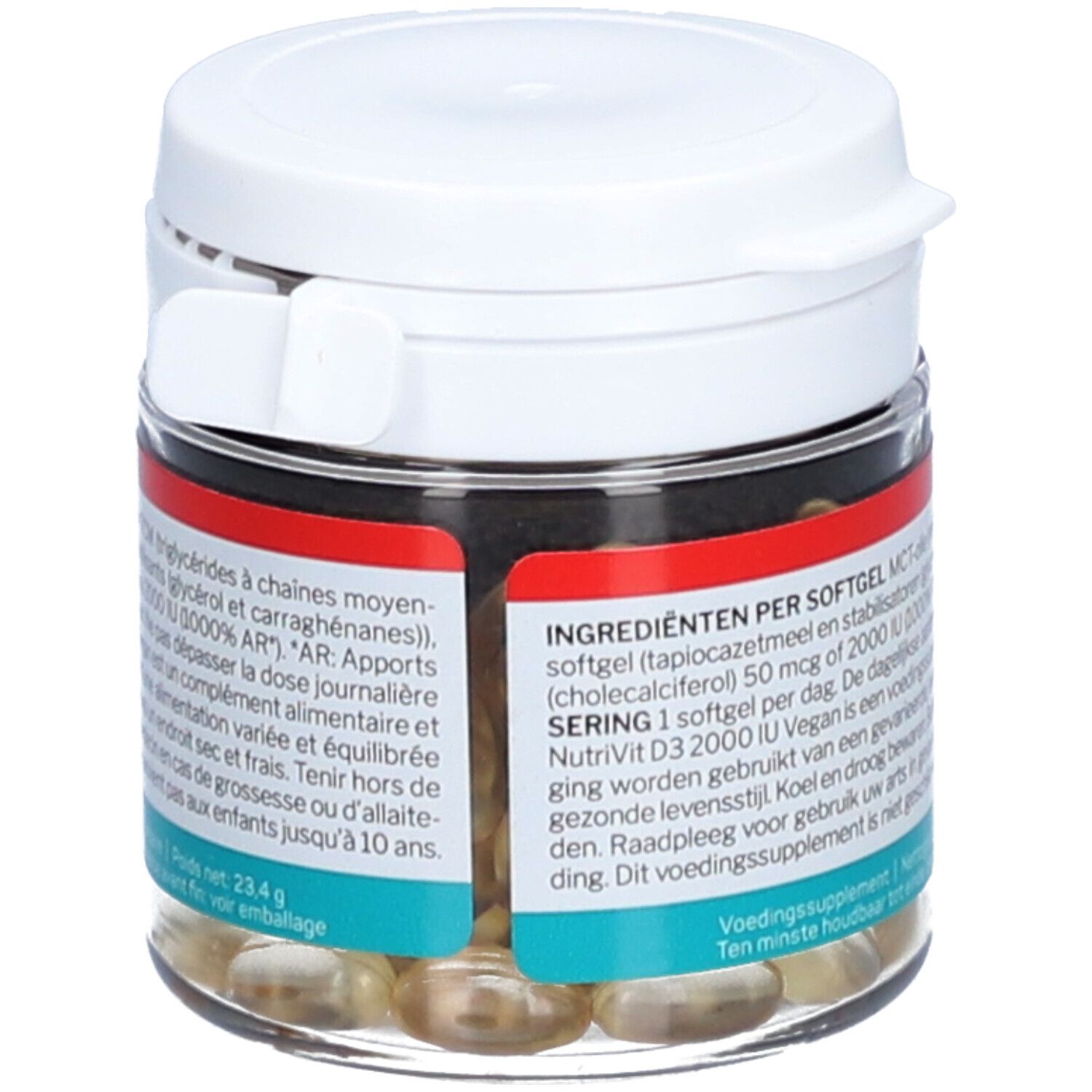 Flacon en verre avec couvercle blanc. Bandes rouge et bleu avec texte. Contient des gélules molles jaunâtres. Texte: Ingrédients par gélule, dosage, 1 gélule par jour.