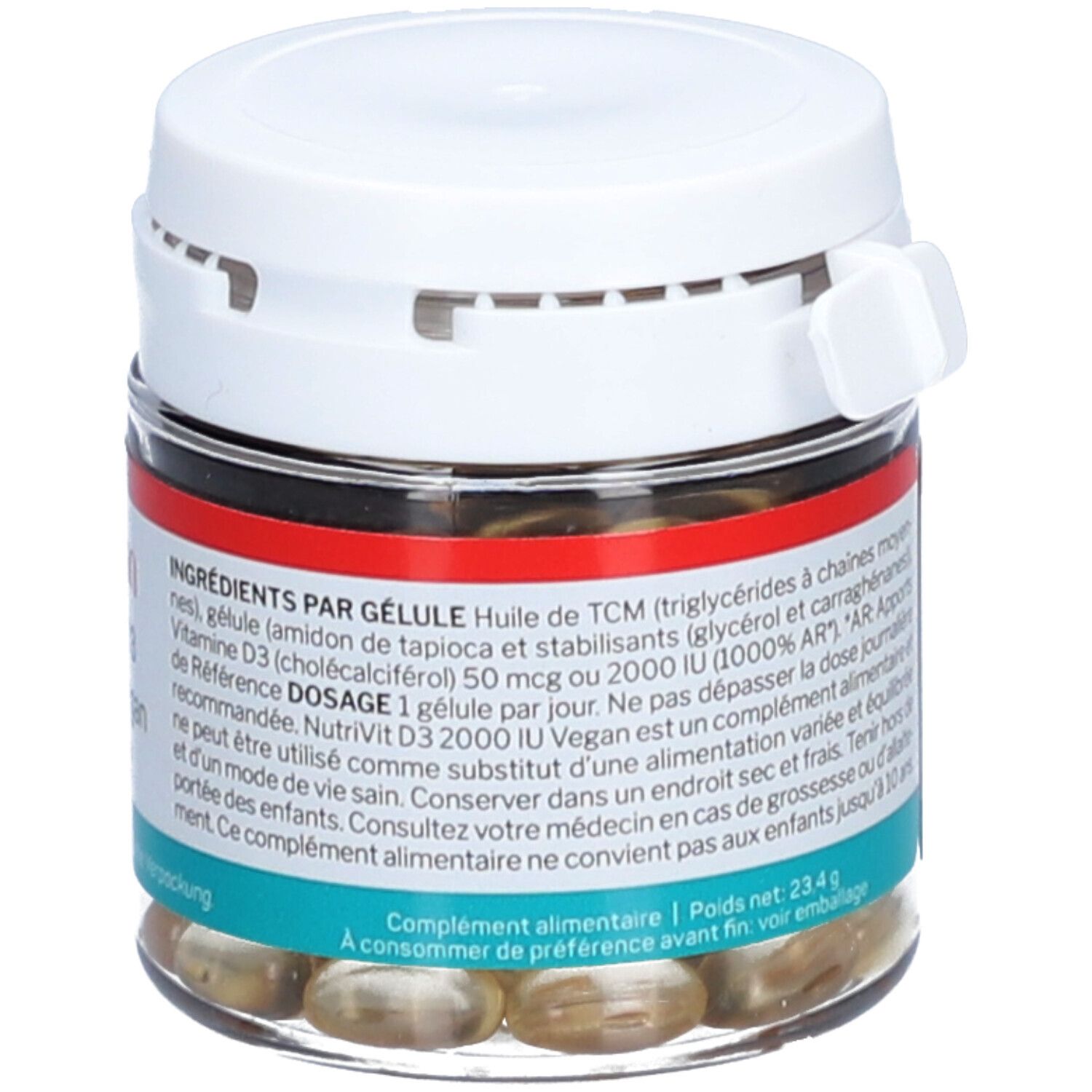 Flacon en verre avec couvercle blanc. Bandes rouge et bleu avec texte. Contient des gélules molles jaunâtres. Texte: Ingrédients par gélule, dosage, 1 gélule par jour.