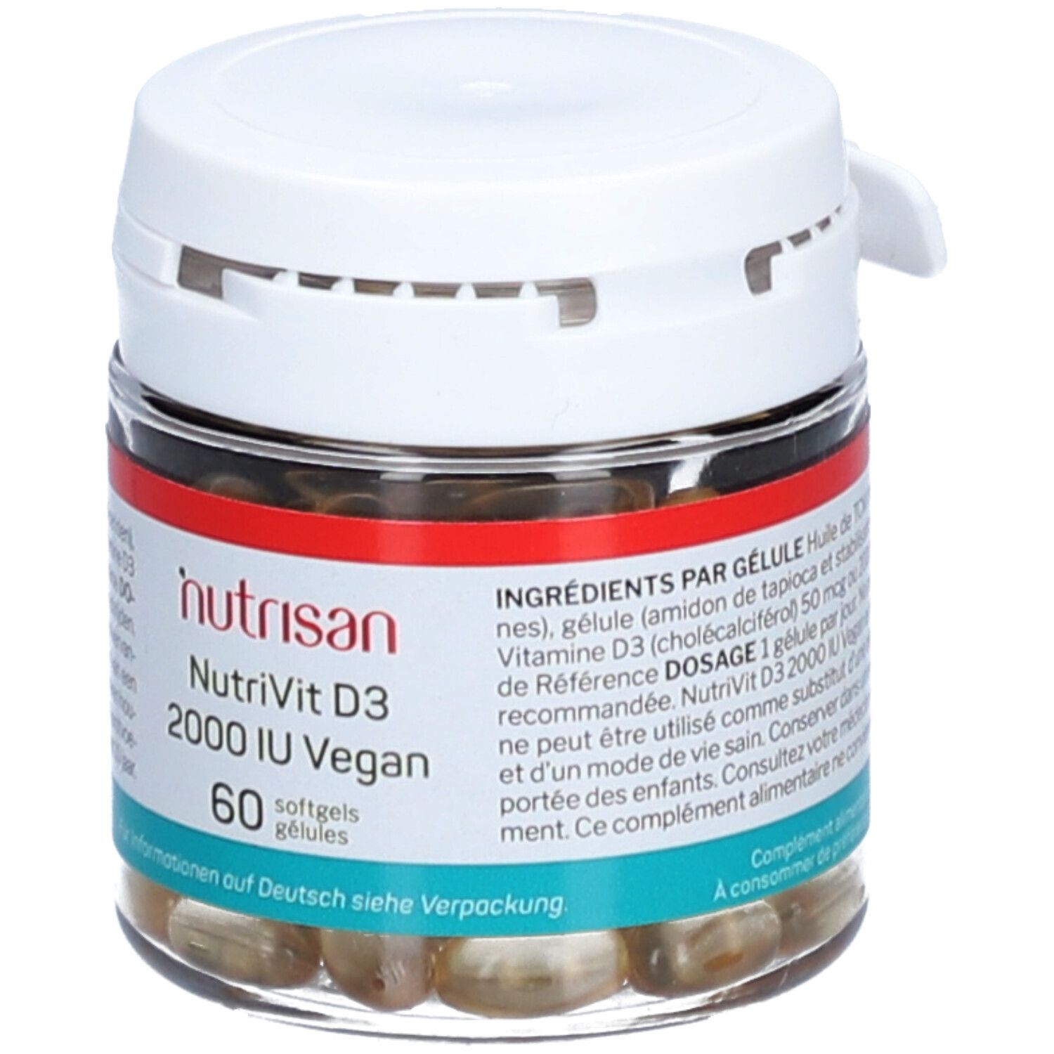 Flacon en verre transparent avec couvercle blanc. Bandes rouge et bleu avec texte. Contient des gélules molles jaunâtres. Inscription: NutriVit D3 2000 IU Vegan, 60 gélules.