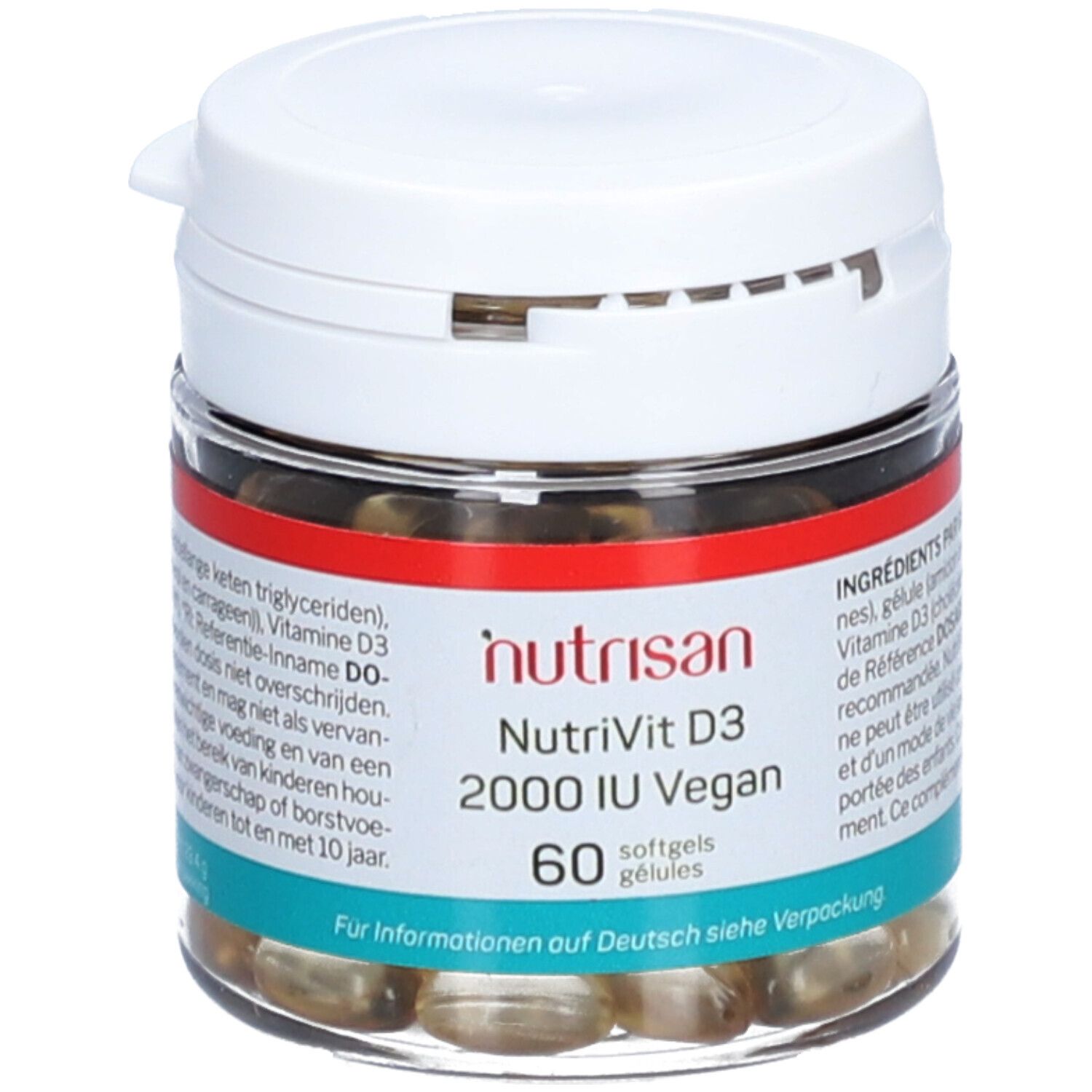 Flacon en verre transparent avec couvercle blanc. Bandes rouge et bleu avec texte. Contient des gélules molles jaunâtres. Inscription: NutriVit D3 2000 IU Vegan, 60 gélules.