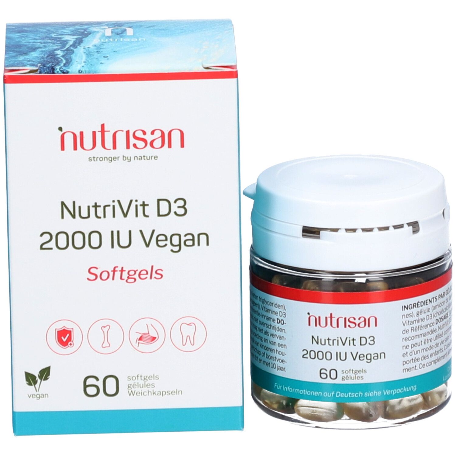 Flacon et boîte en carton. Flacon: couvercle blanc, bandes rouge et bleu, gélules molles jaunâtres. Boîte: blanche, inscription NutriVit D3 2000 IU Vegan, 60 gélules.