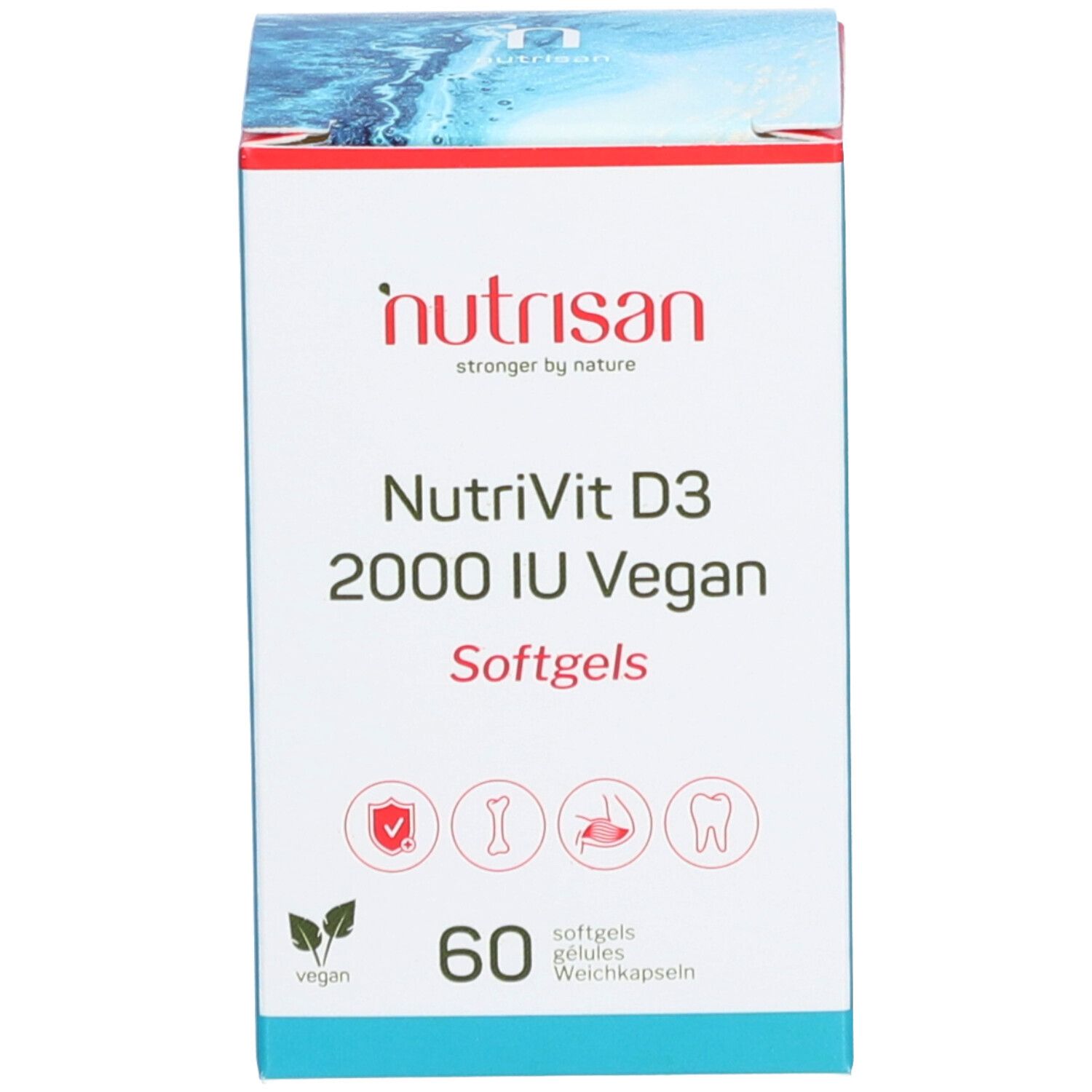 Boîte en carton blanche. Inscription: NutriVit D3 2000 IU Vegan, 60 gélules. Logos: Vegan, os, articulation, dent.