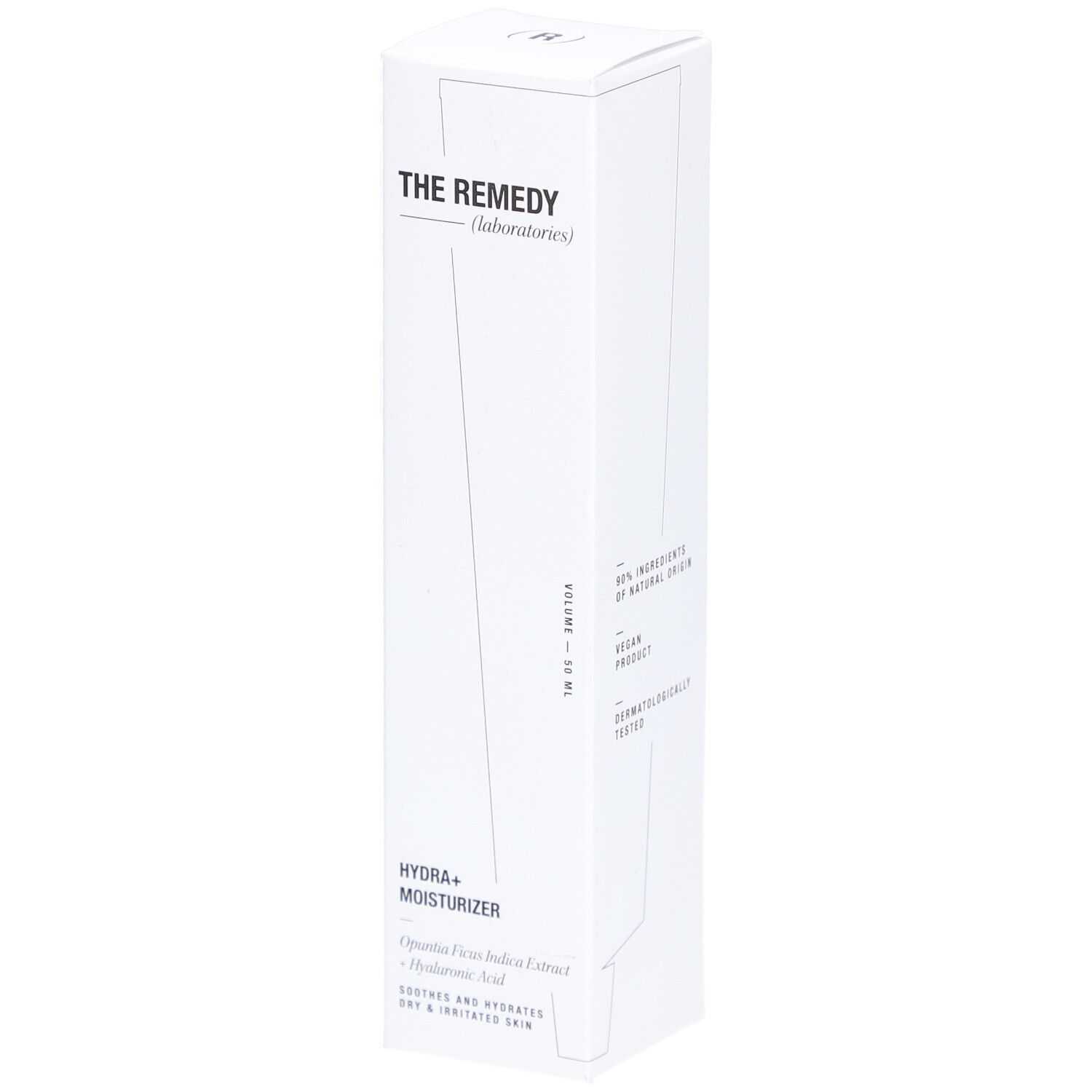 Verpackung der The Remedy Hydra+ Feuchtigkeitscreme mit Produktinformationen und Siegeln.