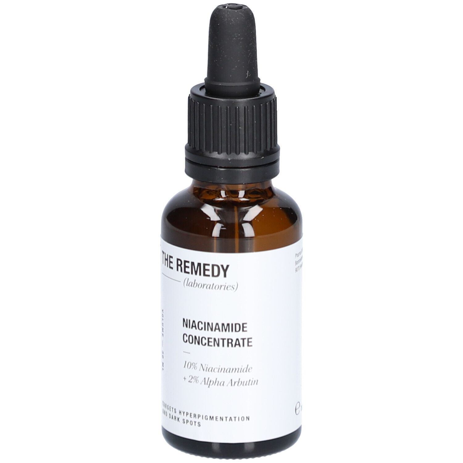 Braune Glasflasche mit schwarzem Tropfer. Aufschrift: Niacinamid Concentrate, 10% Niacinamid + 2% Alpha Arbutin. Marke: The Remedy Laboratories.
