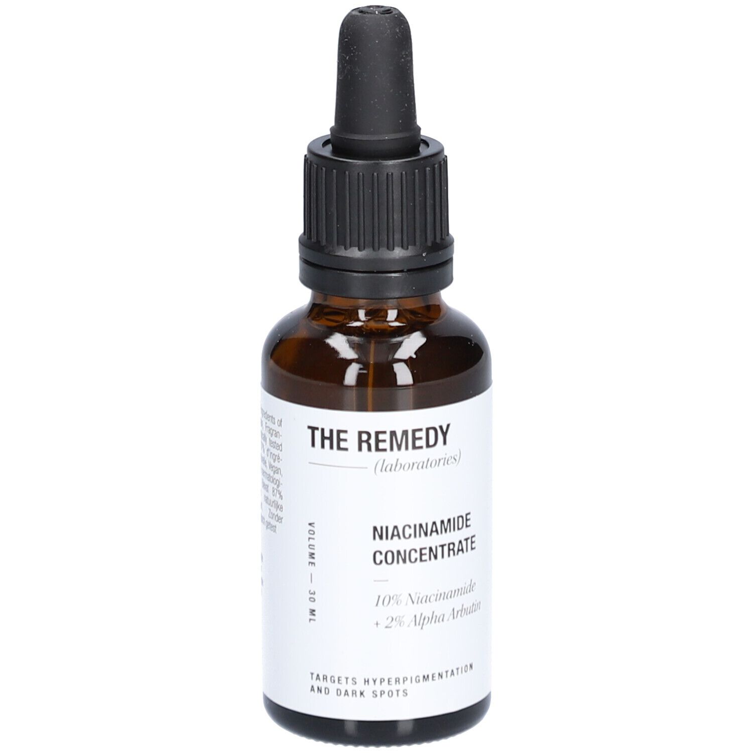 Braune Glasflasche mit schwarzem Tropfer. Aufschrift: Niacinamid Concentrate, 10% Niacinamid + 2% Alpha Arbutin. Marke: The Remedy Laboratories.