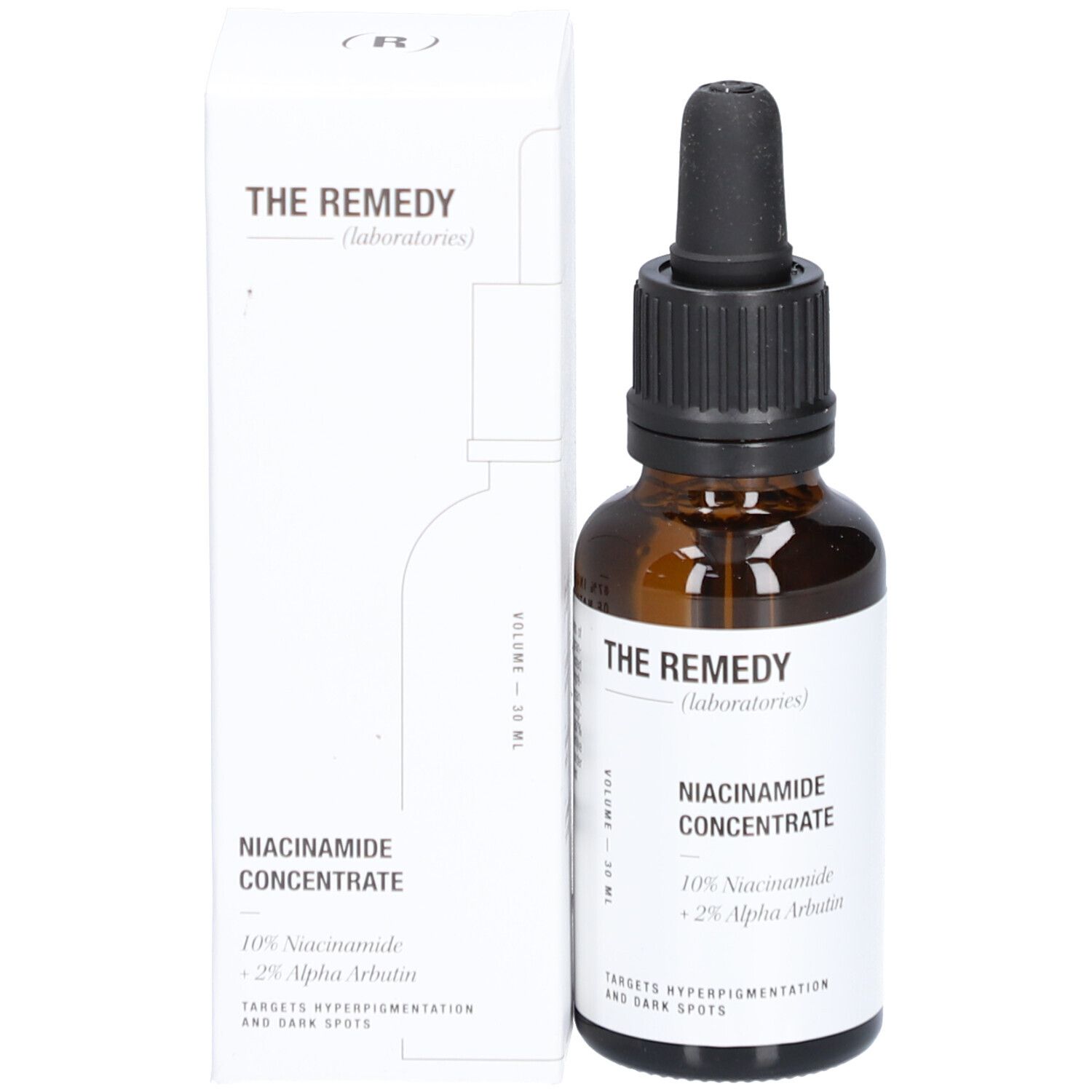 Produktflasche und Verpackung. Braune Flasche mit schwarzem Tropfer. Aufschrift: Niacinamid Concentrate. Marke: The Remedy Laboratories.