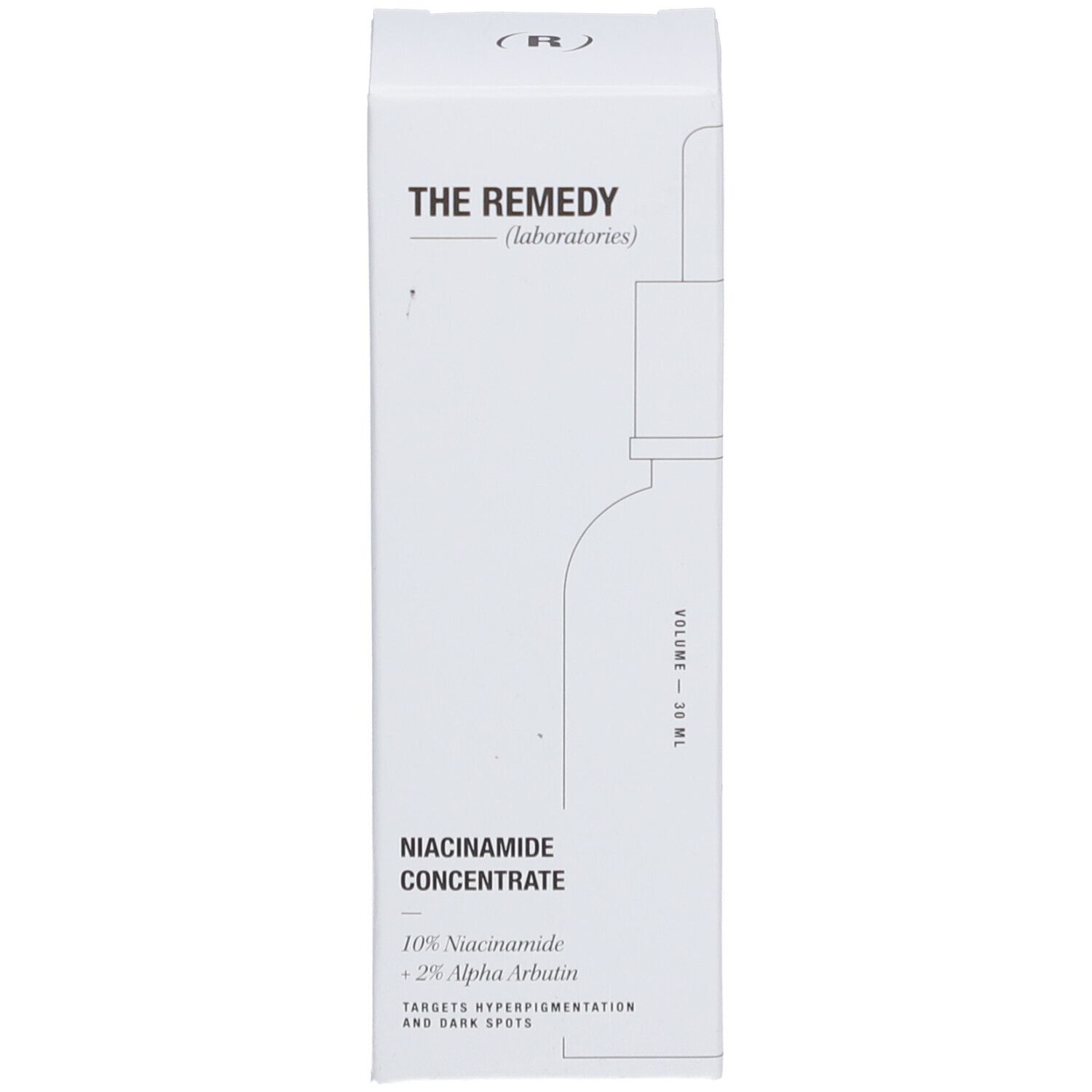 Produktverpackung. Weißer Karton mit Produktabbildung und Aufschrift: Niacinamid Concentrate. Marke: The Remedy Laboratories.