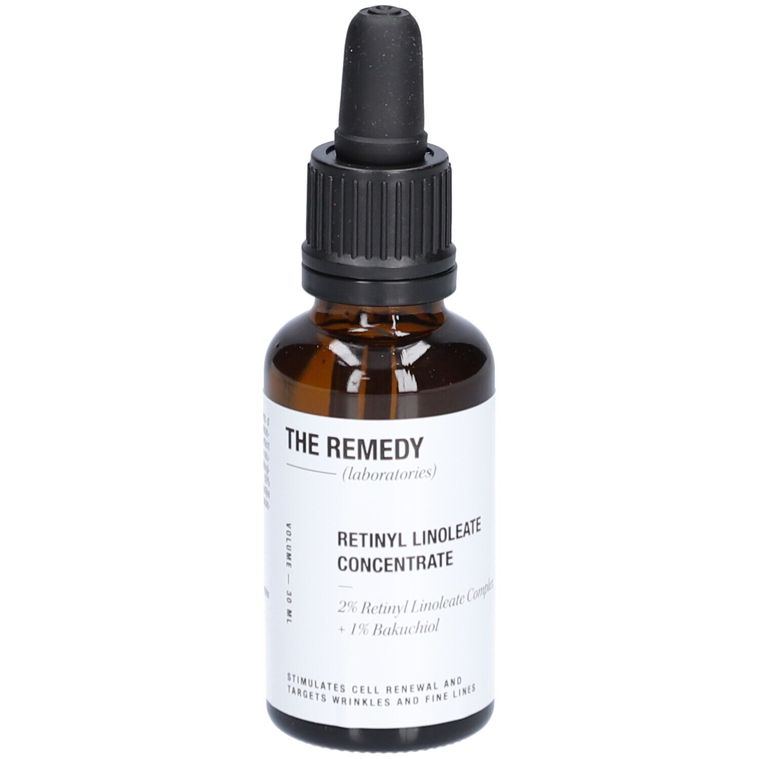 Braune Glasflasche mit schwarzem Tropfer. Aufschrift: THE REMEDY (laboratories), Retinyl Linoleate Concentrate.