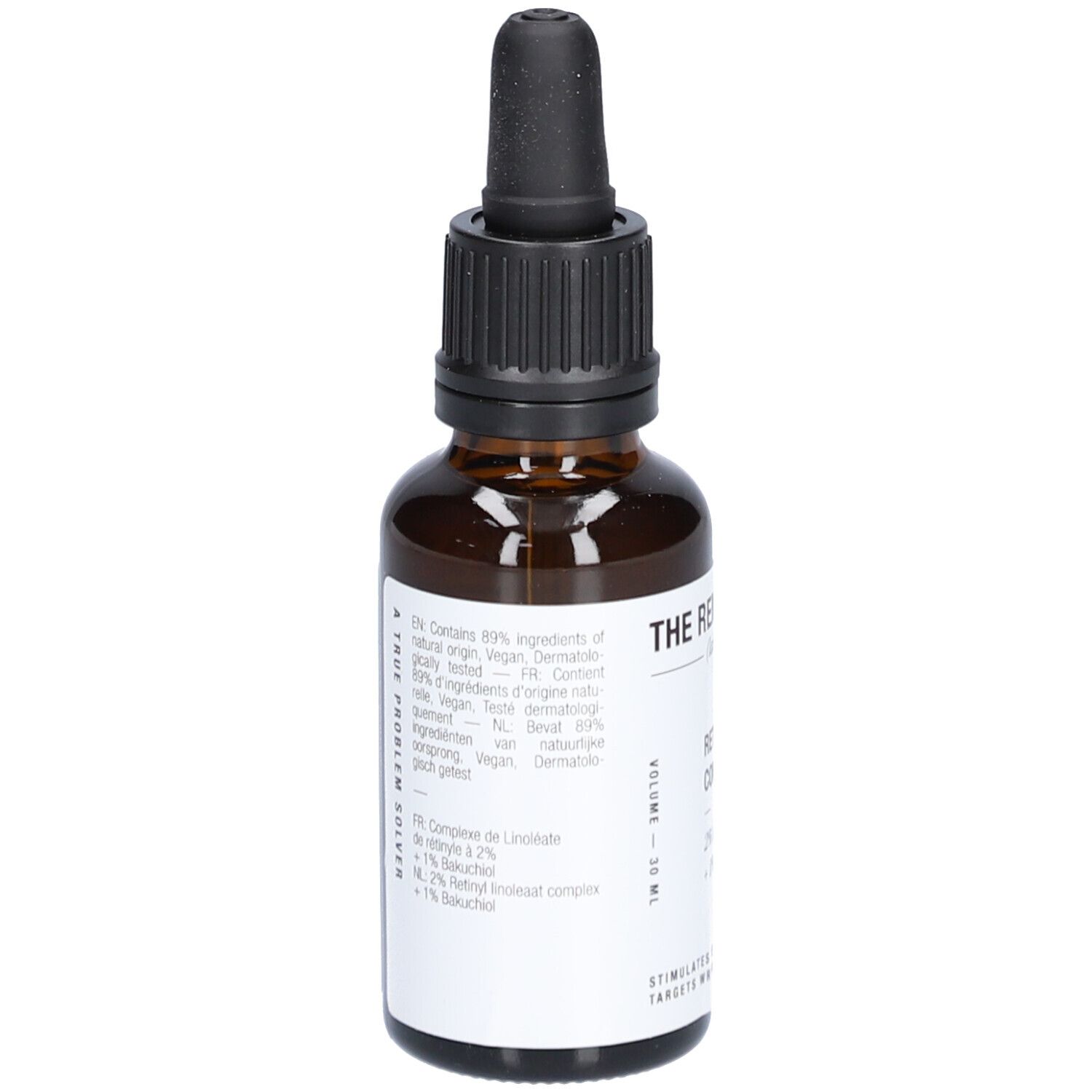 Braune Glasflasche mit schwarzem Tropfer. Aufschrift: THE REMEDY, Retinyl Linoleate Concentrate. Rückseite mit Inhaltsangaben.